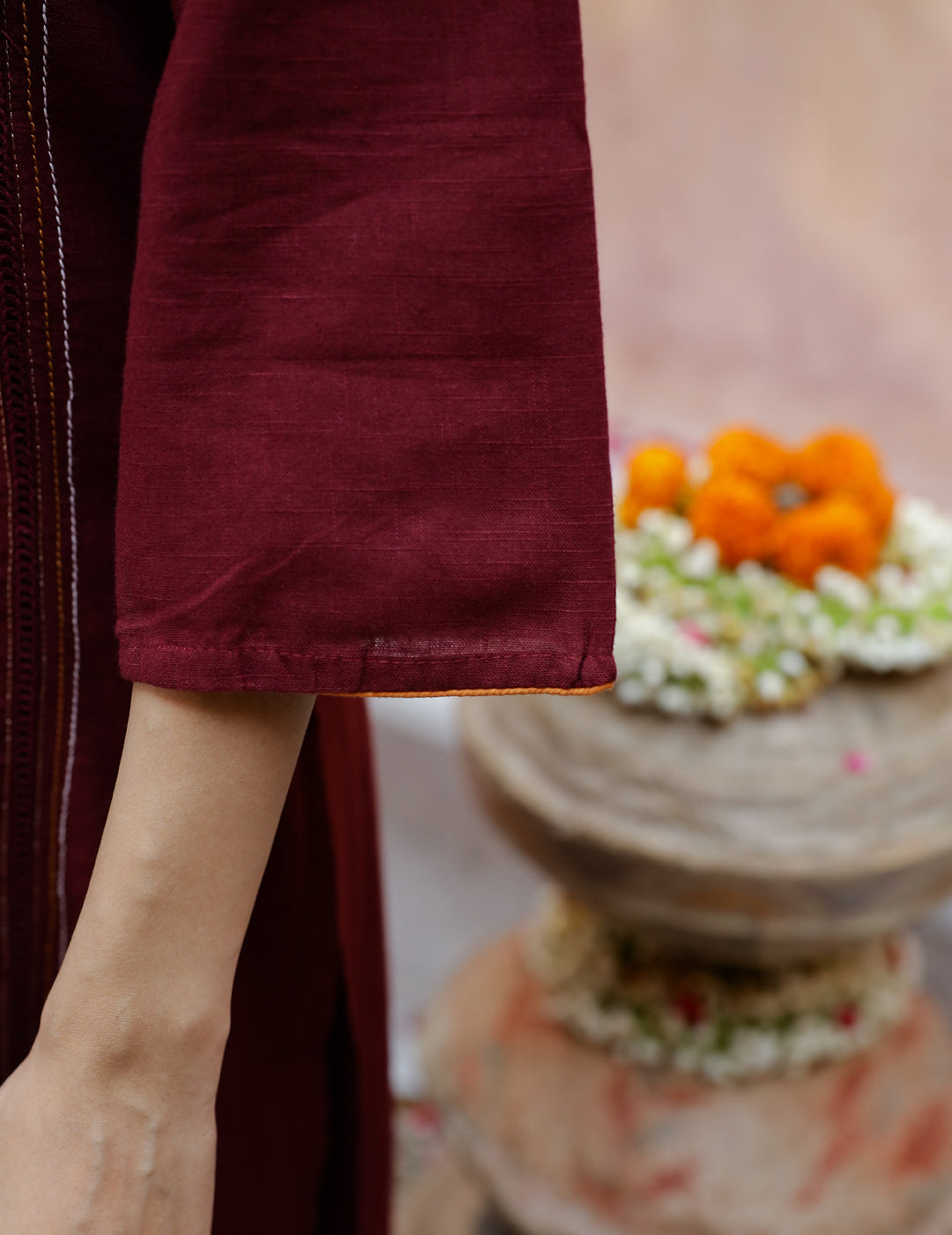 V-Neck Cotton Maroon Kurta Set For Women