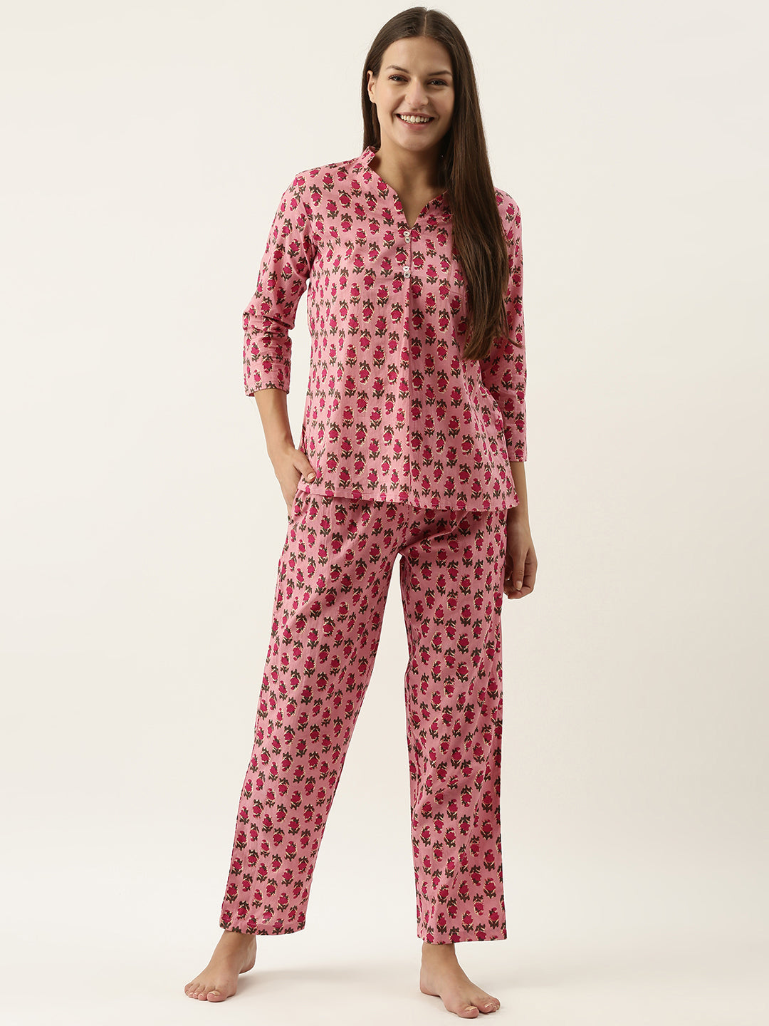 Women Pink Cotton Printed Night Suit Set With Payjama