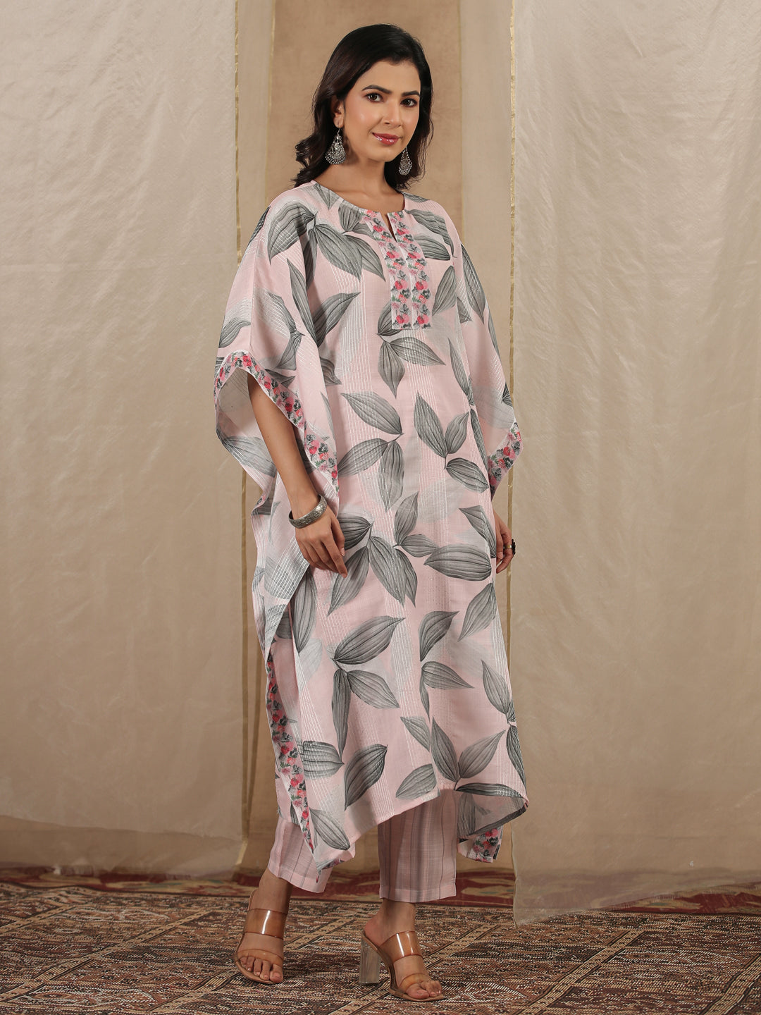 Peach Round Neck Kaftan Kurta Set For Women