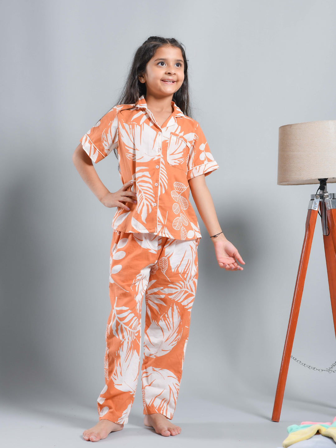 Orange Floral Printed Shirt Collar Kids Night Suit
