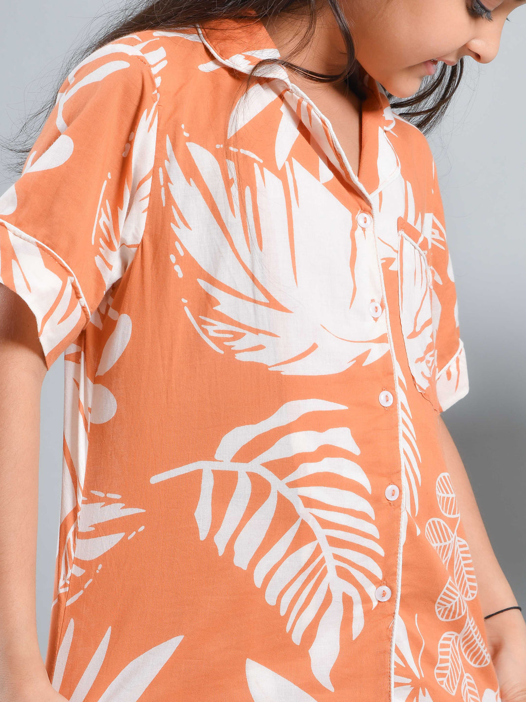 Orange Floral Printed Shirt Collar Kids Night Suit