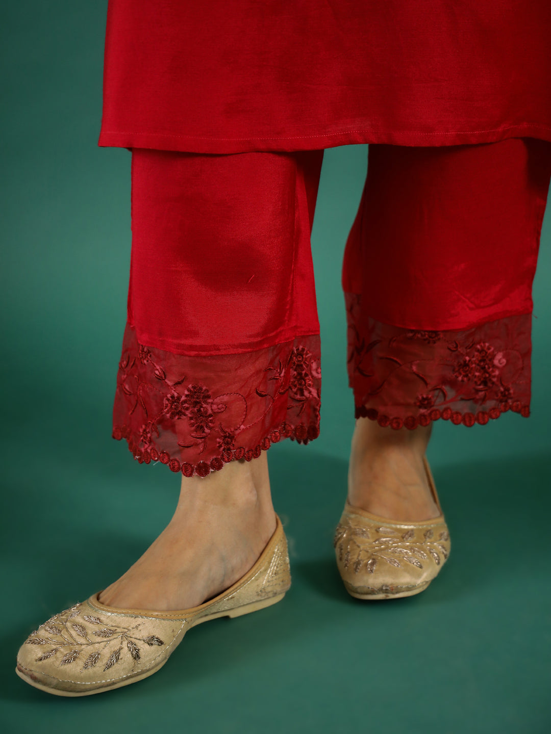 V-Neck Sequinned Straight Red Kurta With Trousers
