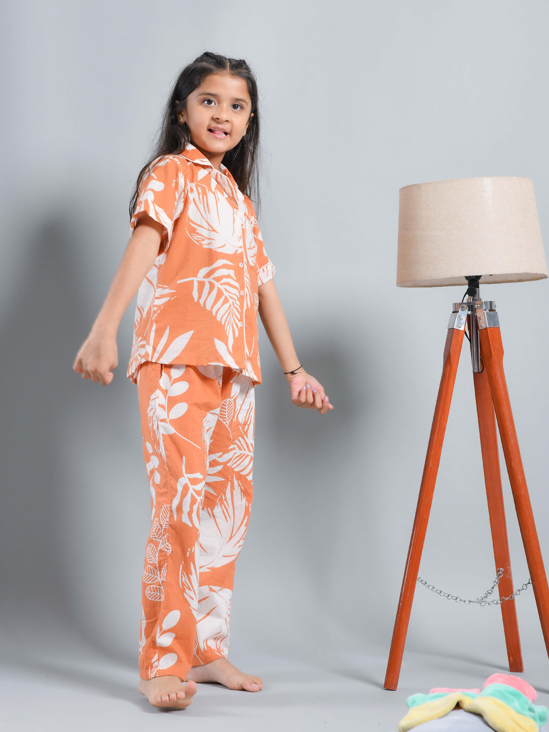 Orange Floral Printed Shirt Collar Kids Night Suit