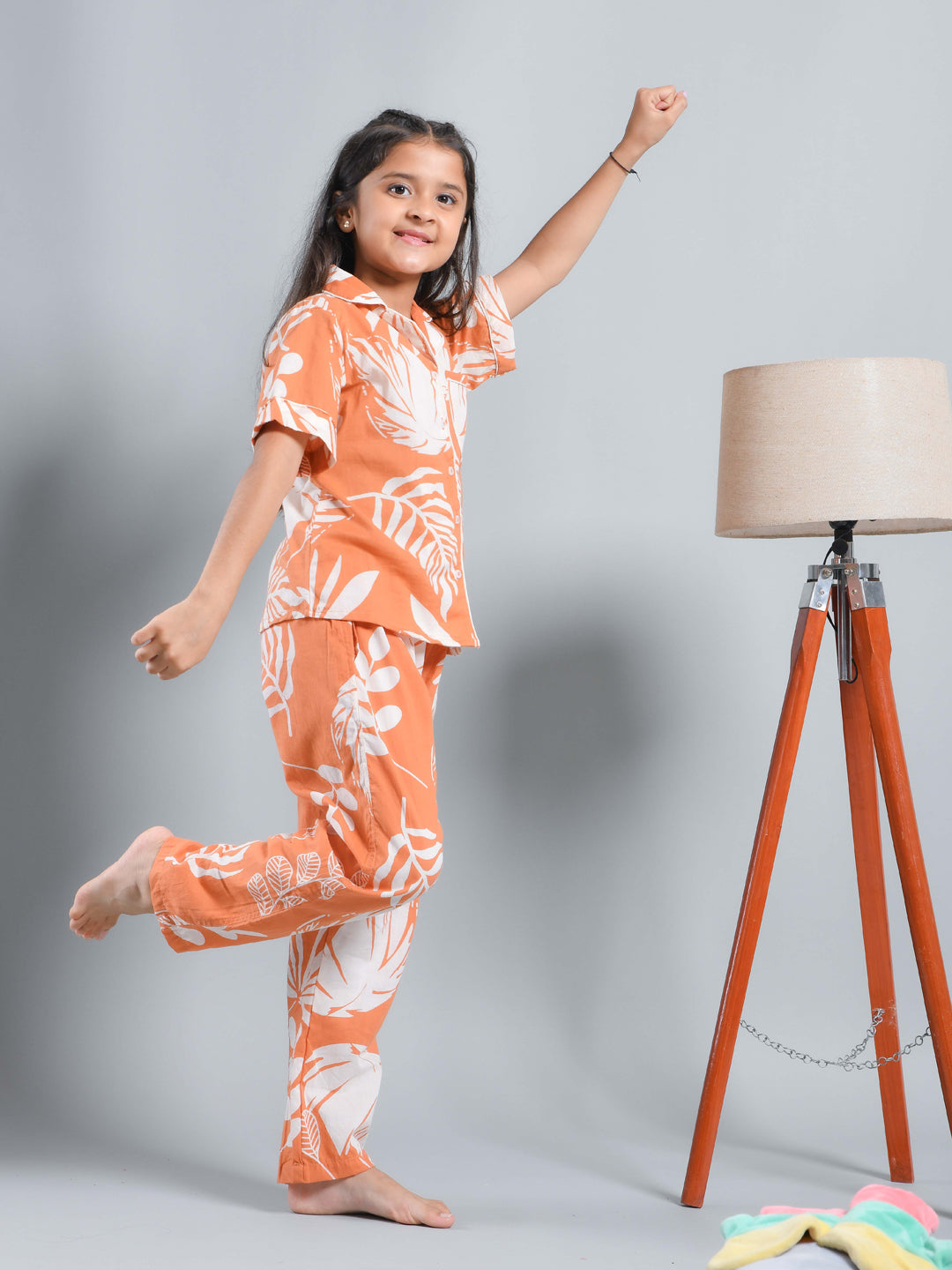 Orange Floral Printed Shirt Collar Kids Night Suit