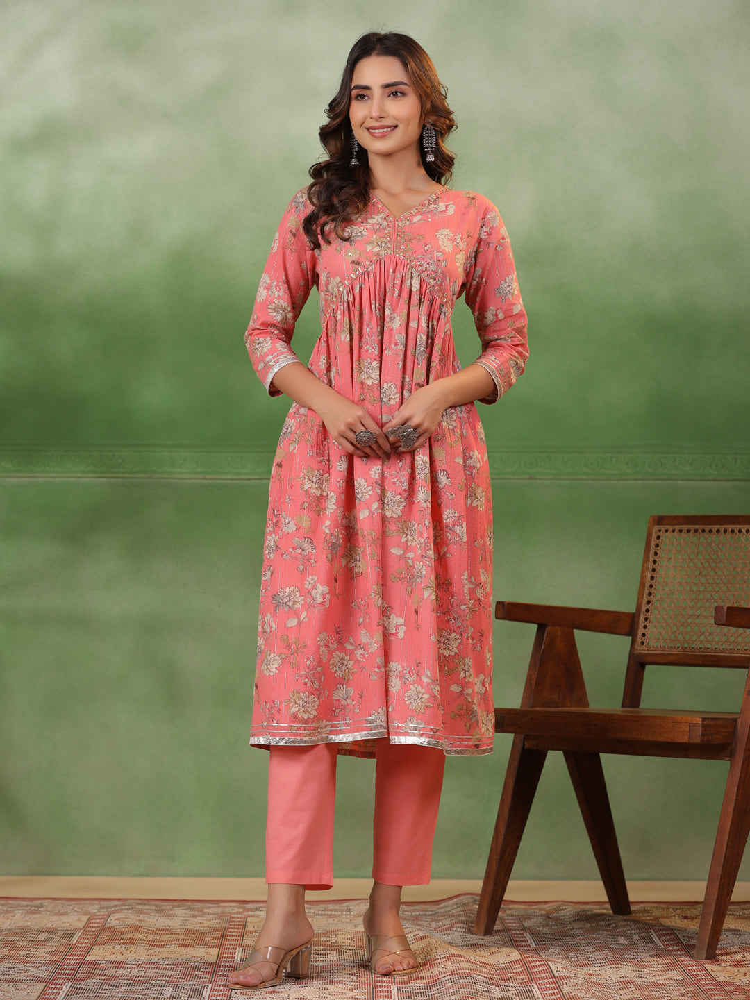 Peach V-Neck Pure Cotton Kurta Set with Dupatta for Women