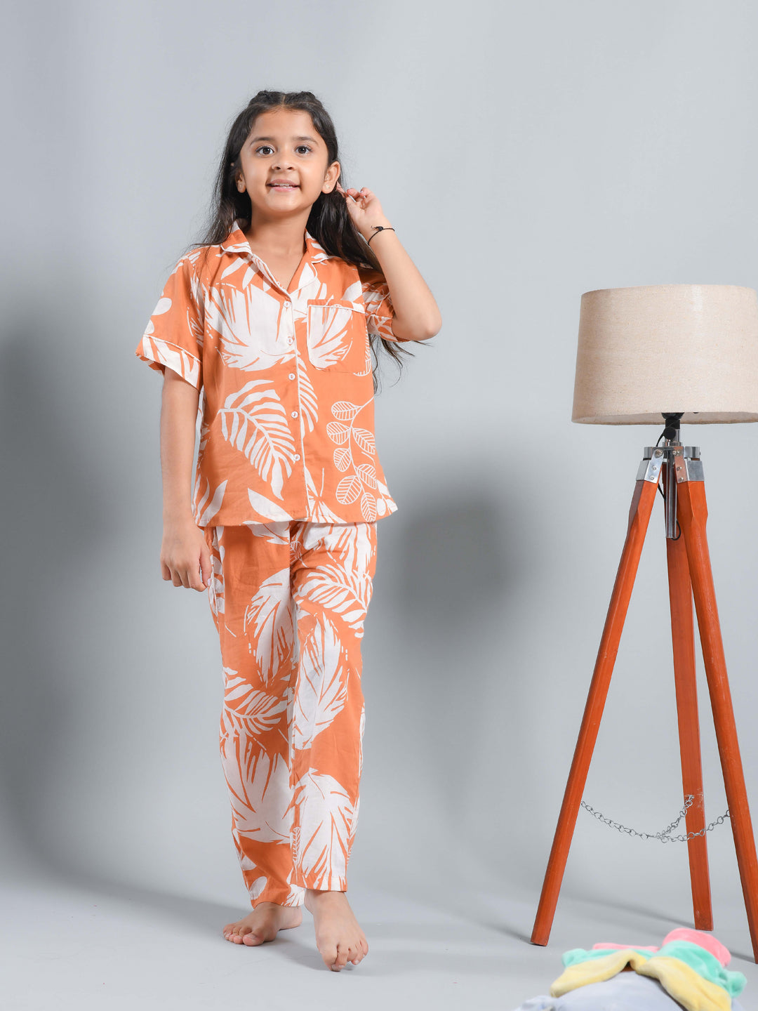 Orange Floral Printed Shirt Collar Kids Night Suit