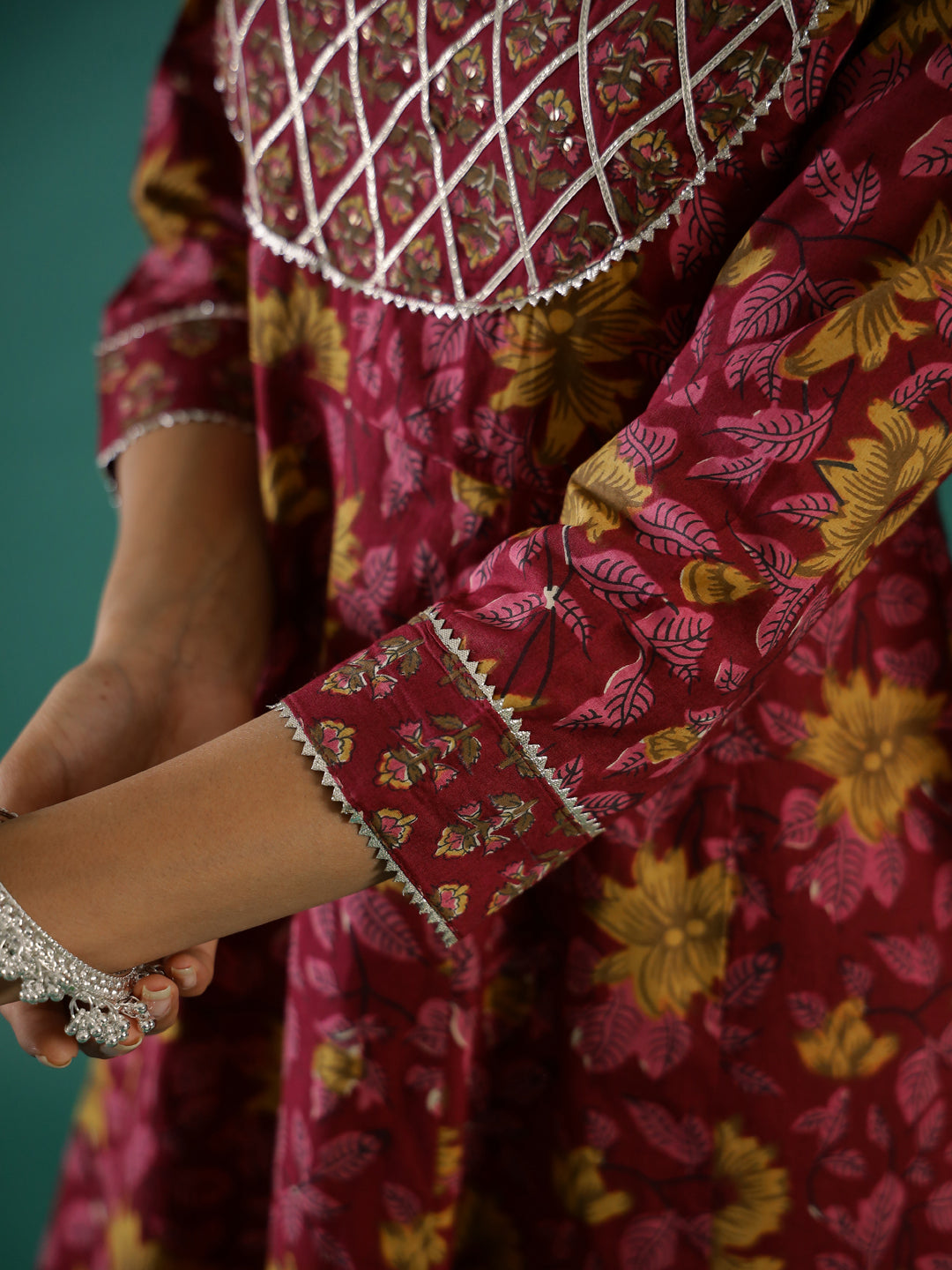 Maroon Pure Cotton Round Neck Printed Kurta Set For Women