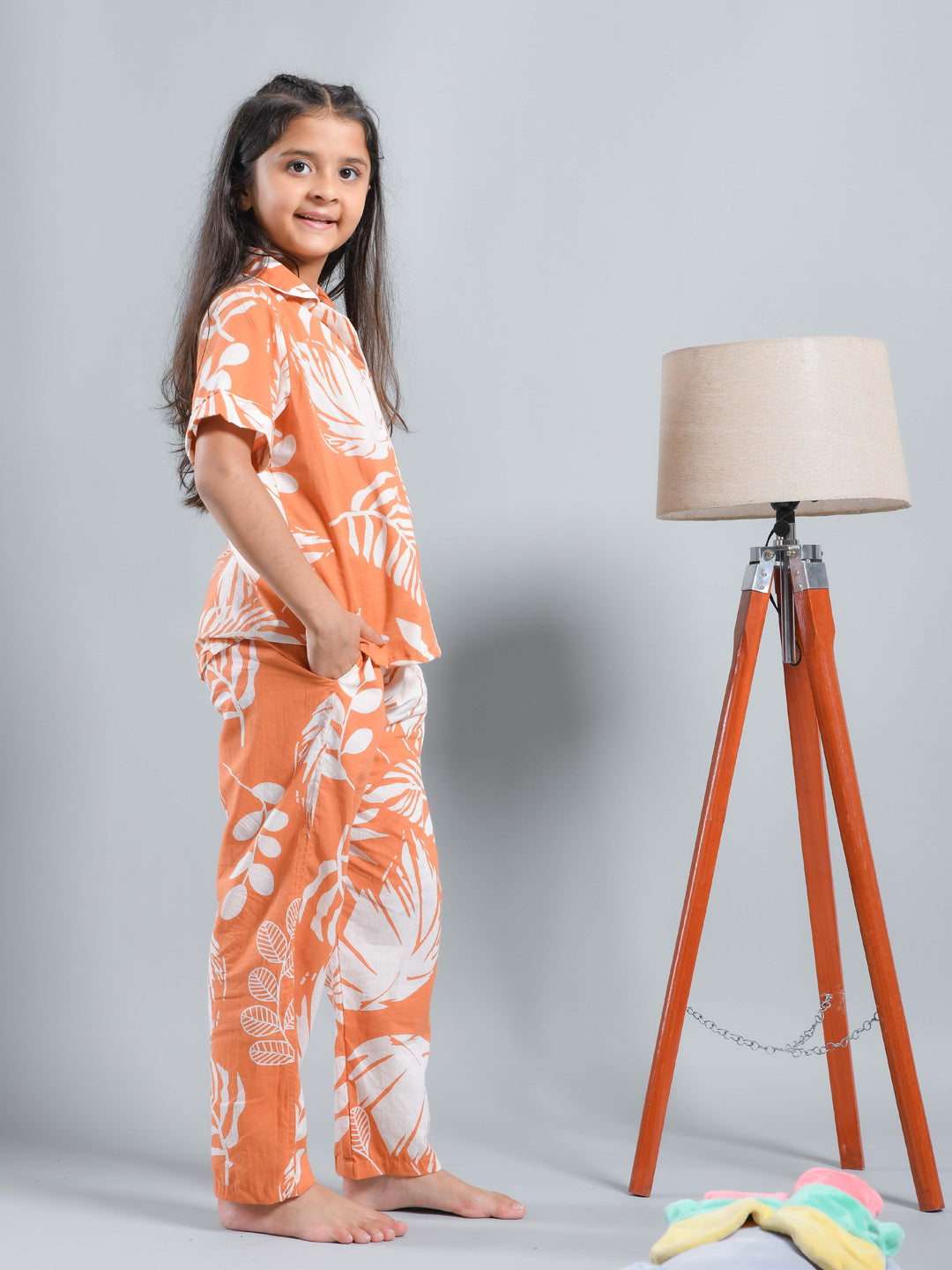 Orange Floral Printed Shirt Collar Kids Night Suit