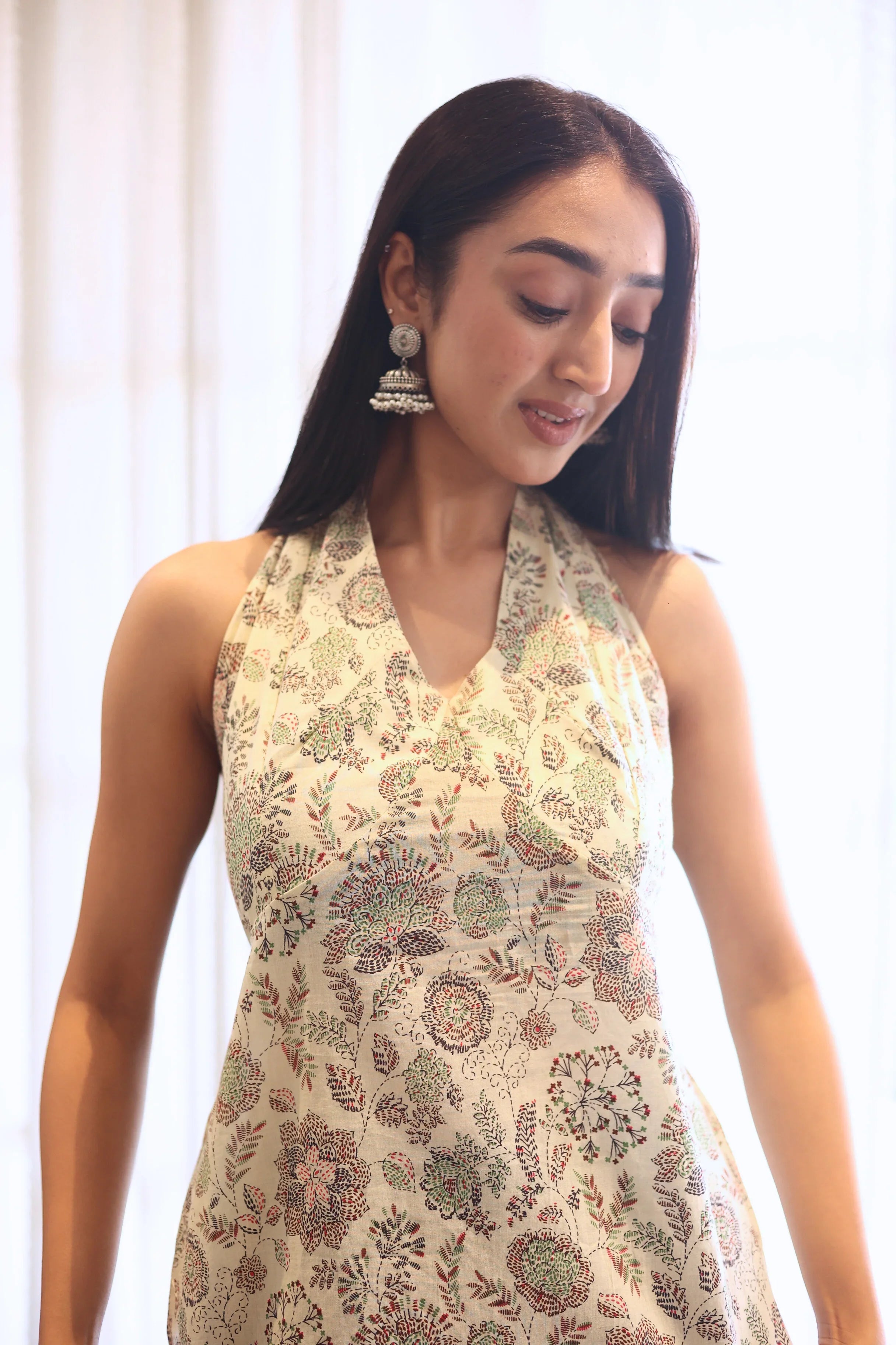 Beige Solid Cotton Tie-Up Neck Top for Women - SanskrutiHomes