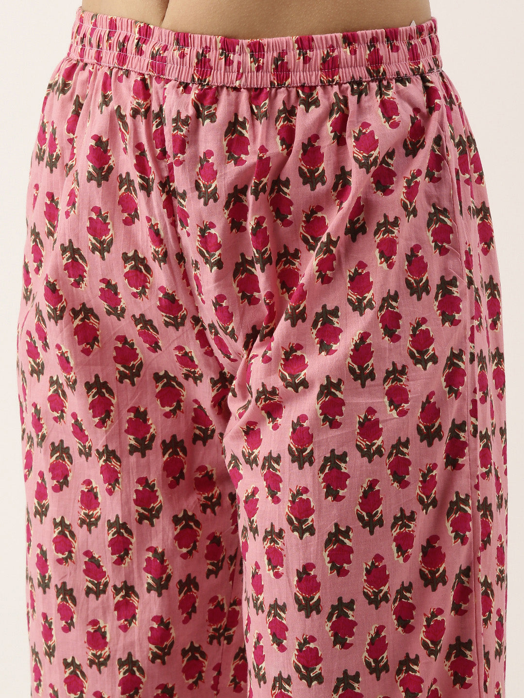 Pink Printed V-Neck Pure Cotton Pyjama Night Suit For Women