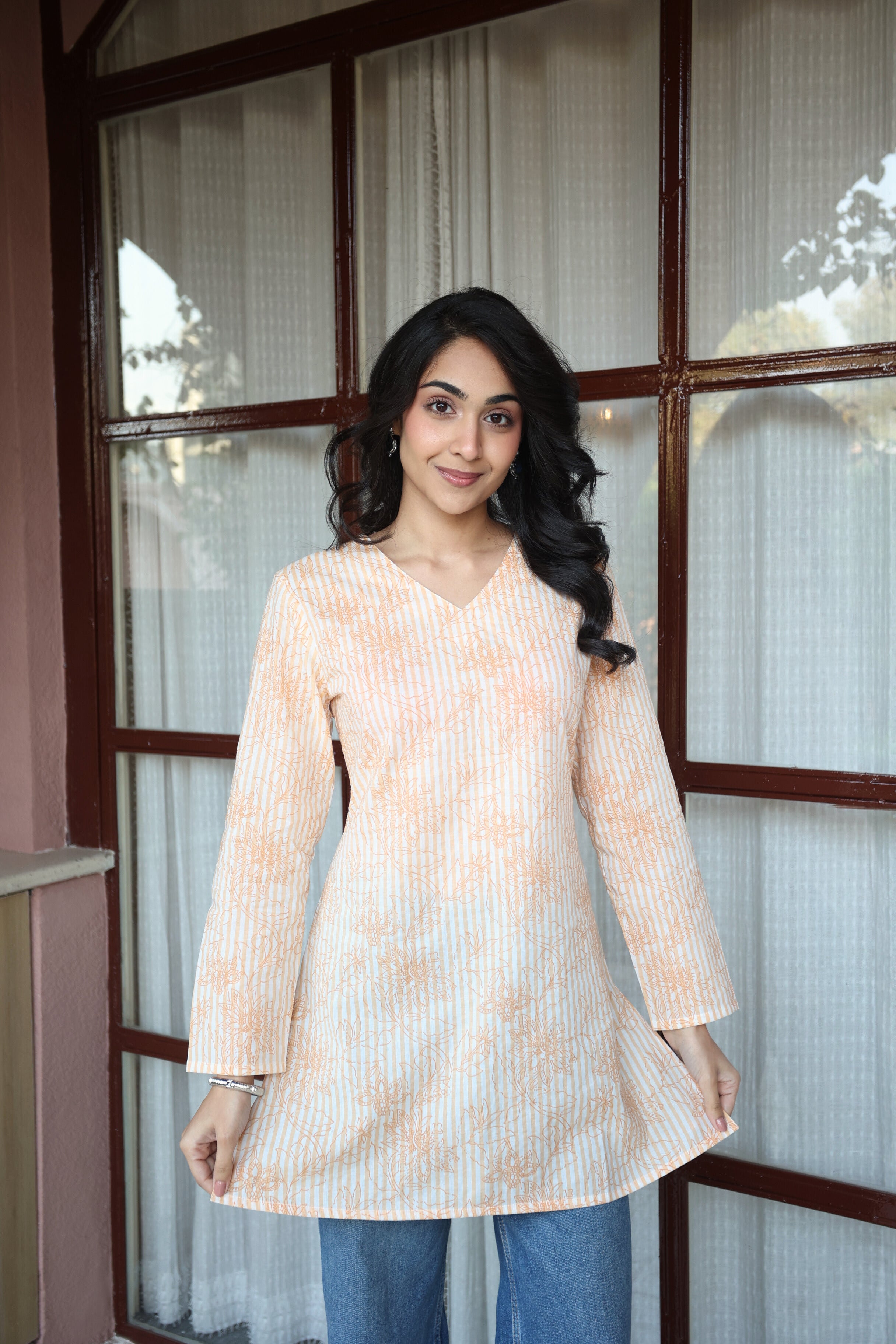 Orange Floral Print Cotton V-Neck Top for Women