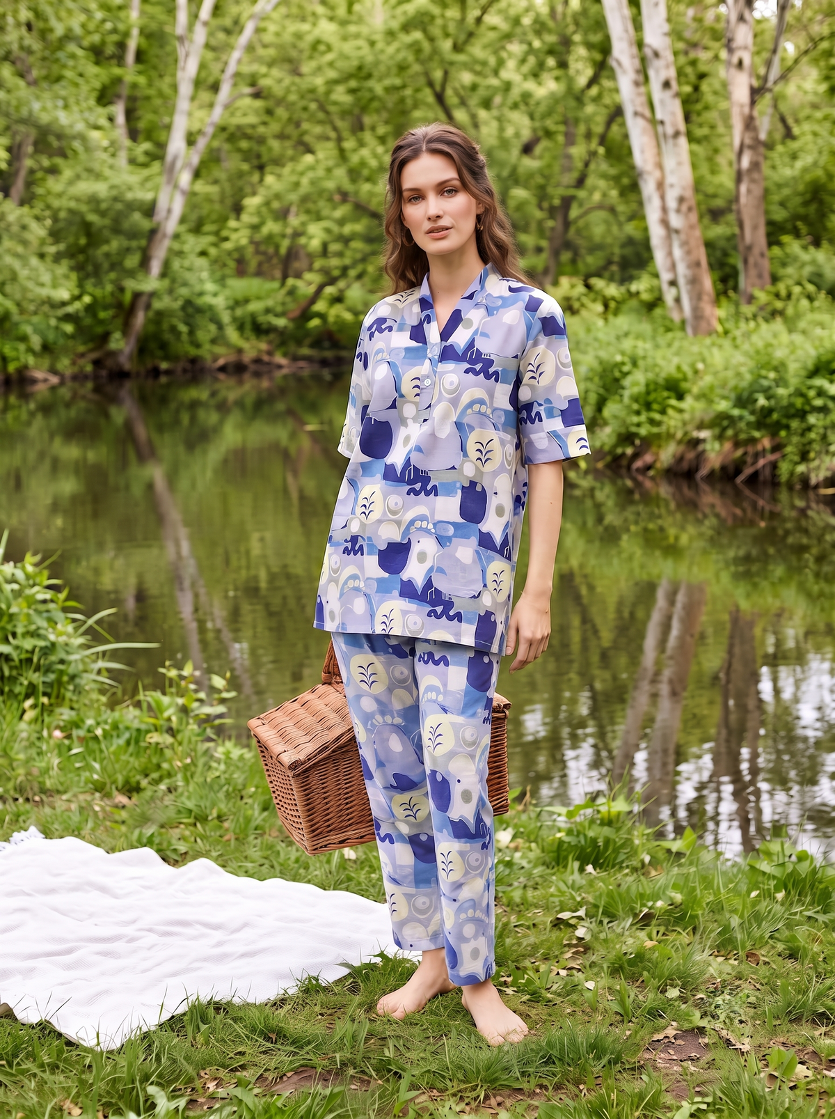 Multi Abstract Print V-Neck Pure Cotton Night Suit For Women
