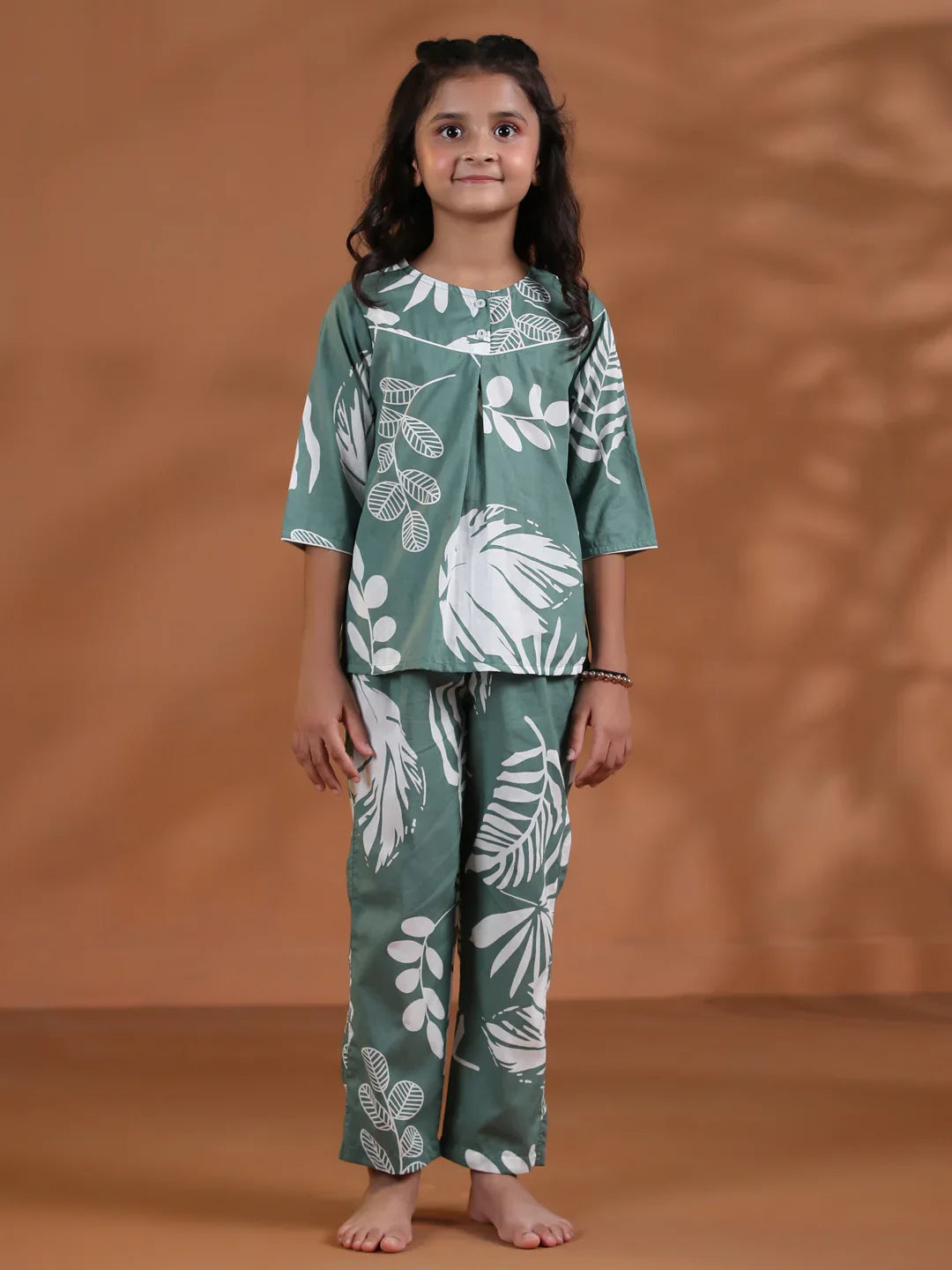 Girls Yellow Sea Green Pure Cotton 3-Piece Night Suit