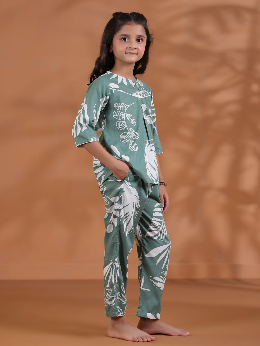 Green Floral Cotton Night Suit for Kids