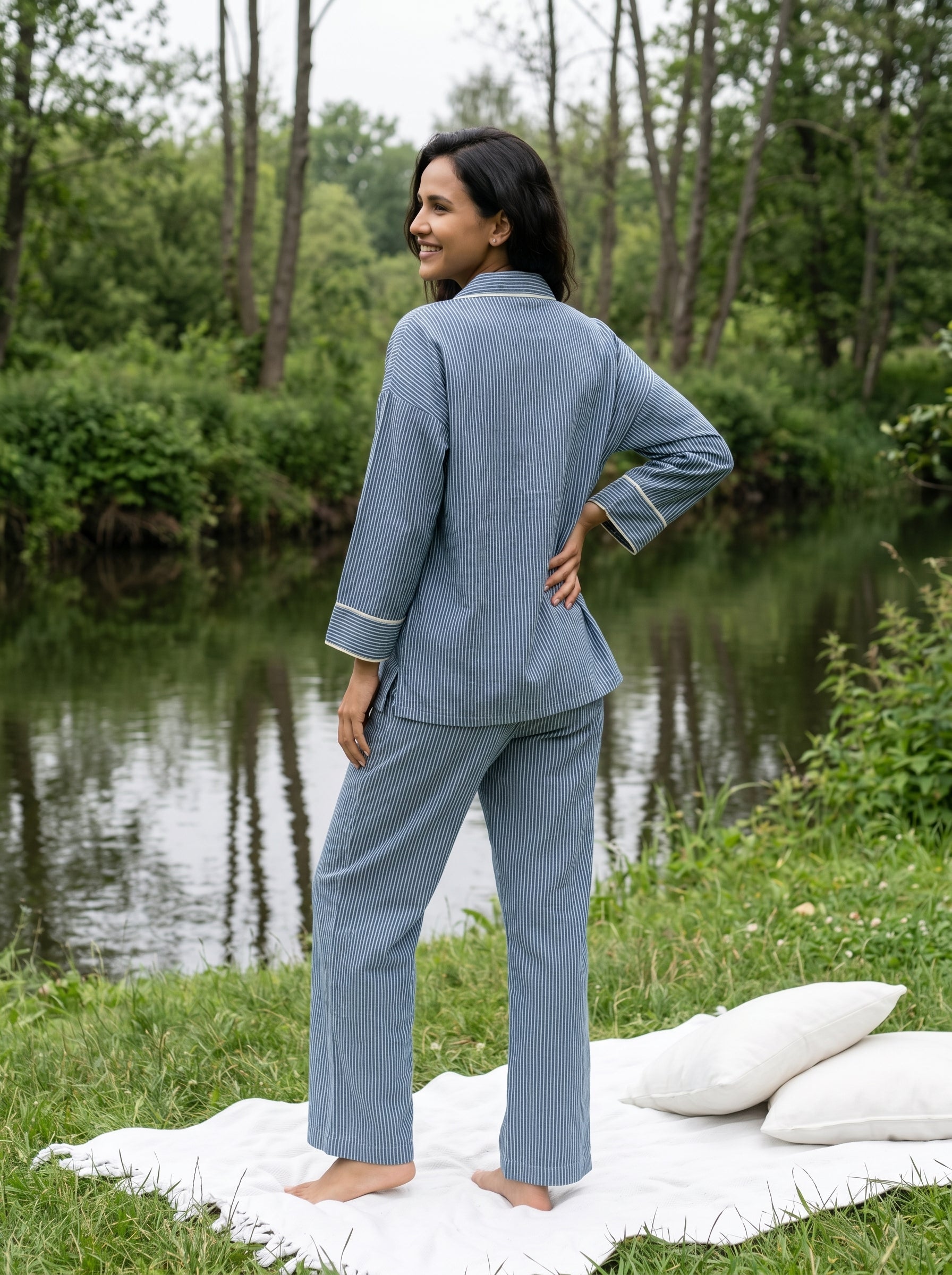 Blue Stripes Shirt Collar Pure Cotton Night Suit Set For Women