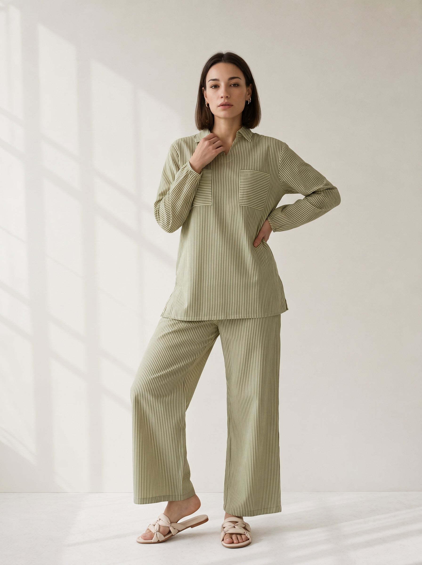 Green Shirt Collar Stripe Print Pure Cotton Night Suit For Women