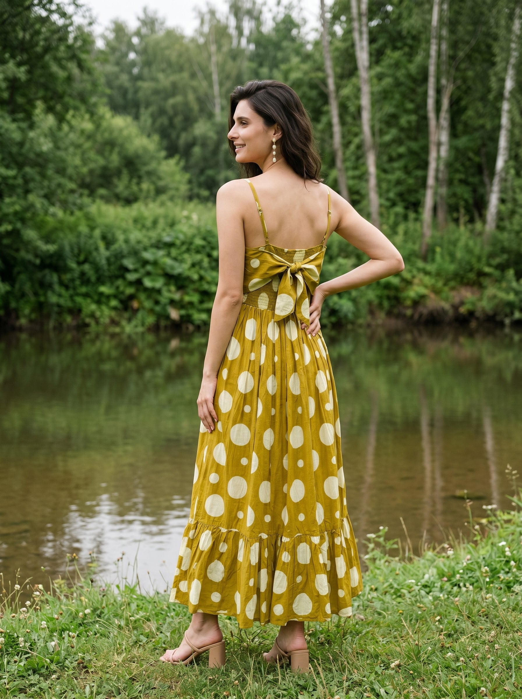 Yellow Off Shoulder Polka Dots Flared Dress For Women