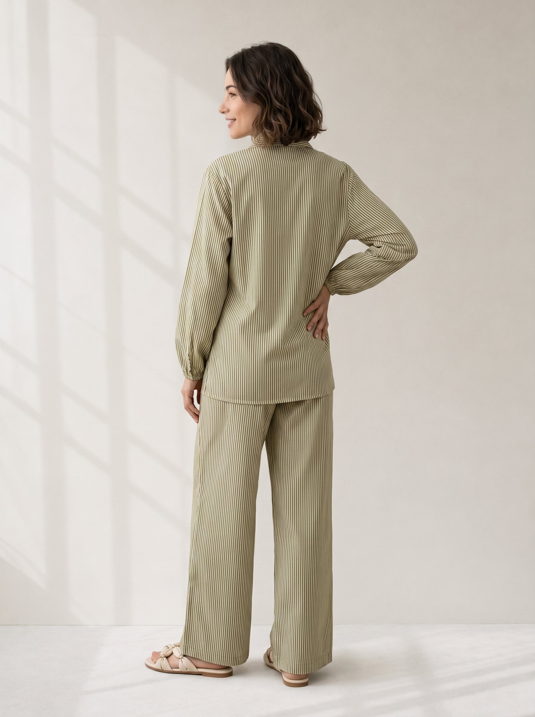 Green Shirt Collar Stripe Print Pure Cotton Night Suit For Women