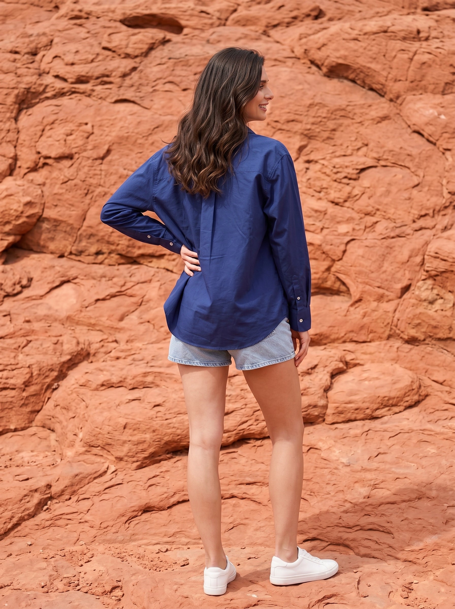 Blue Spread Collar Solid Casual Cotton Shirt For Women