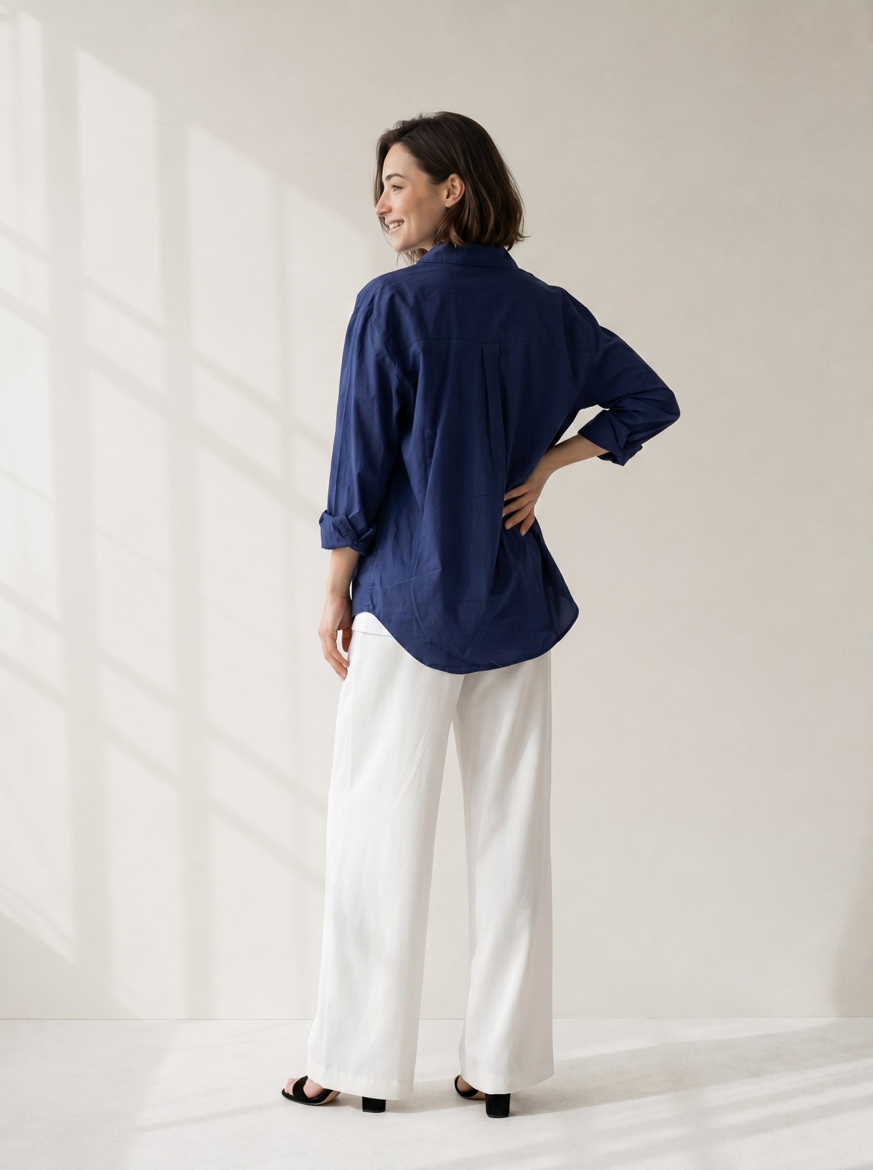 Blue Spread Collar Solid Casual Cotton Shirt For Women