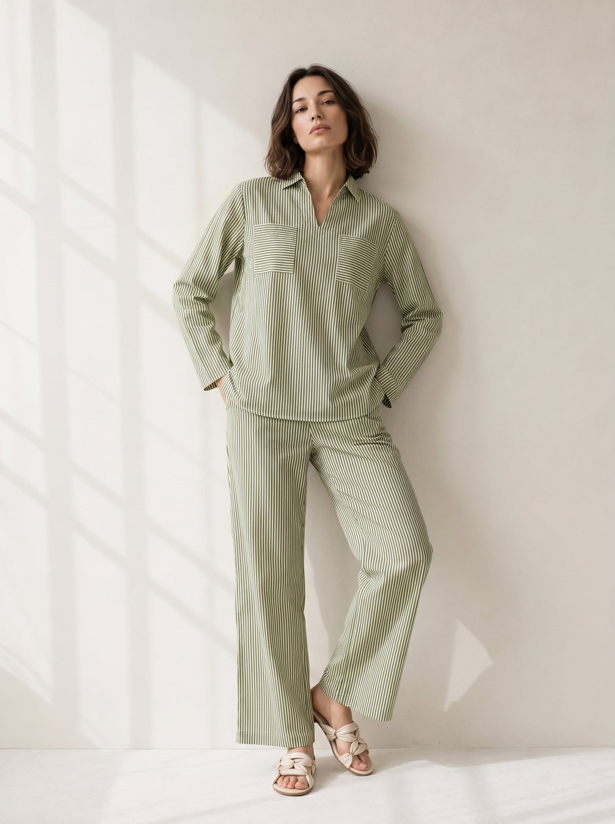 Green Shirt Collar Stripe Print Pure Cotton Night Suit For Women
