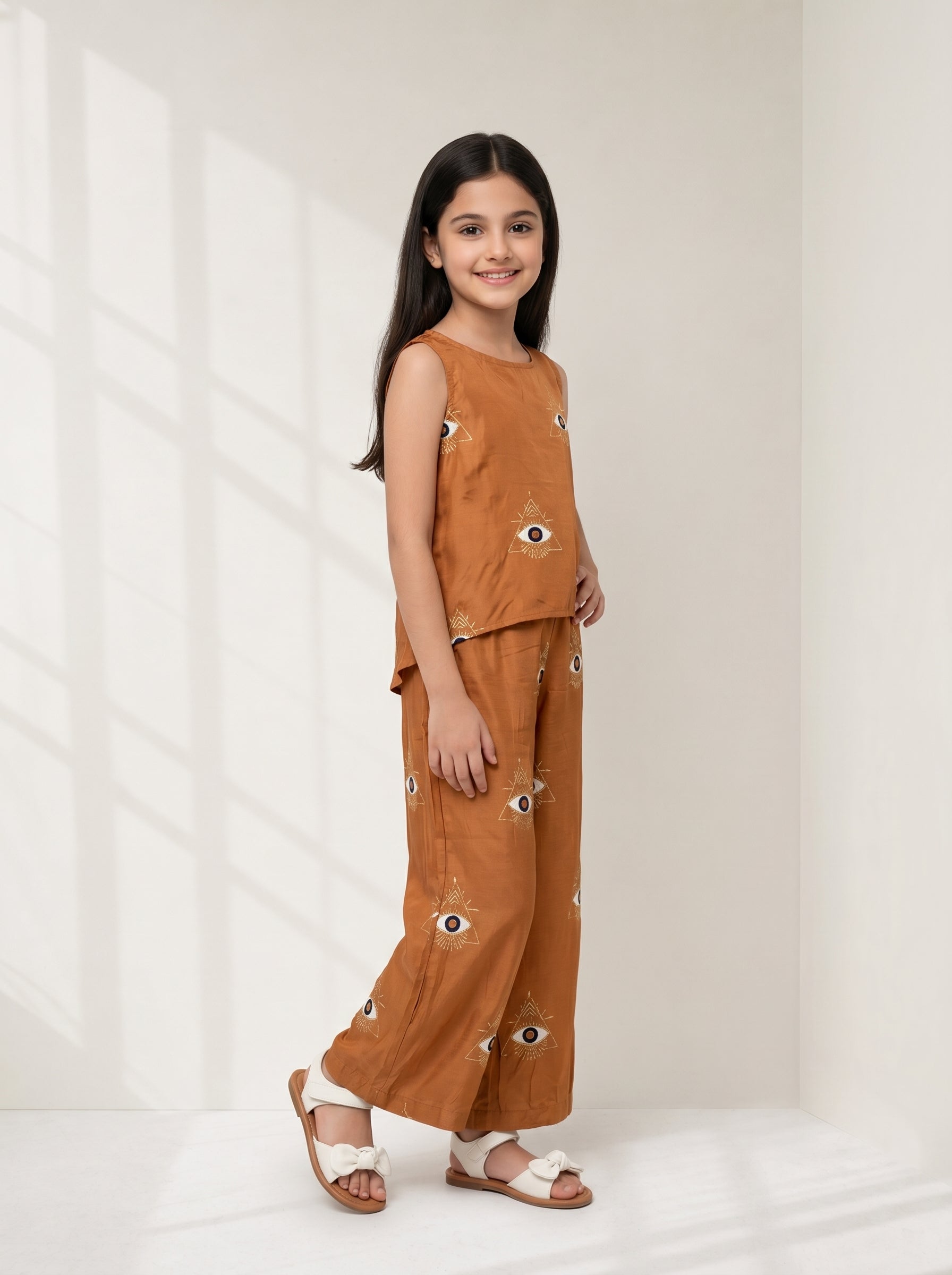 Brown Round Neck Geometric Print Silk Blend Co-Ord Set For Kids