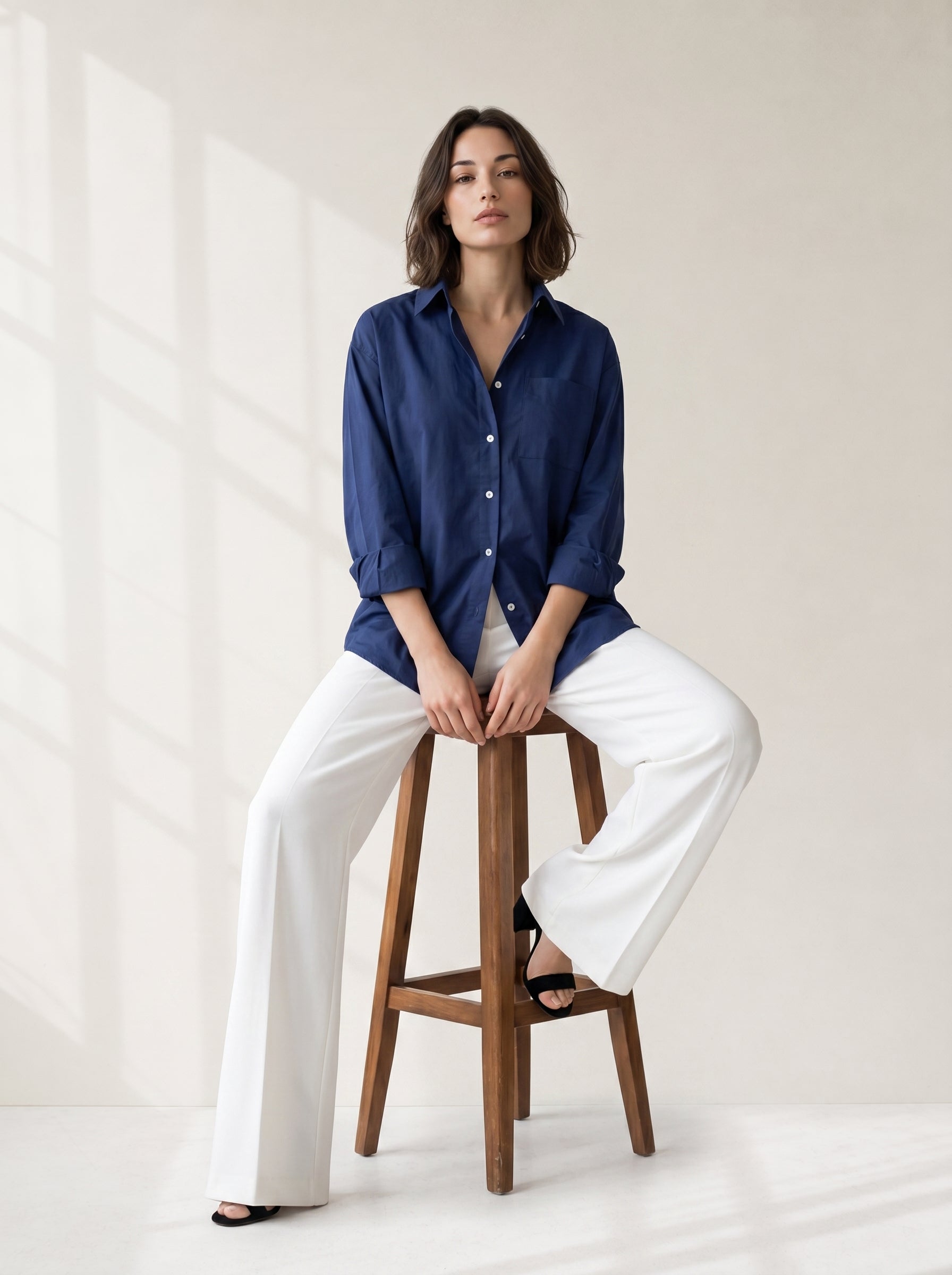 Blue Spread Collar Solid Casual Cotton Shirt For Women