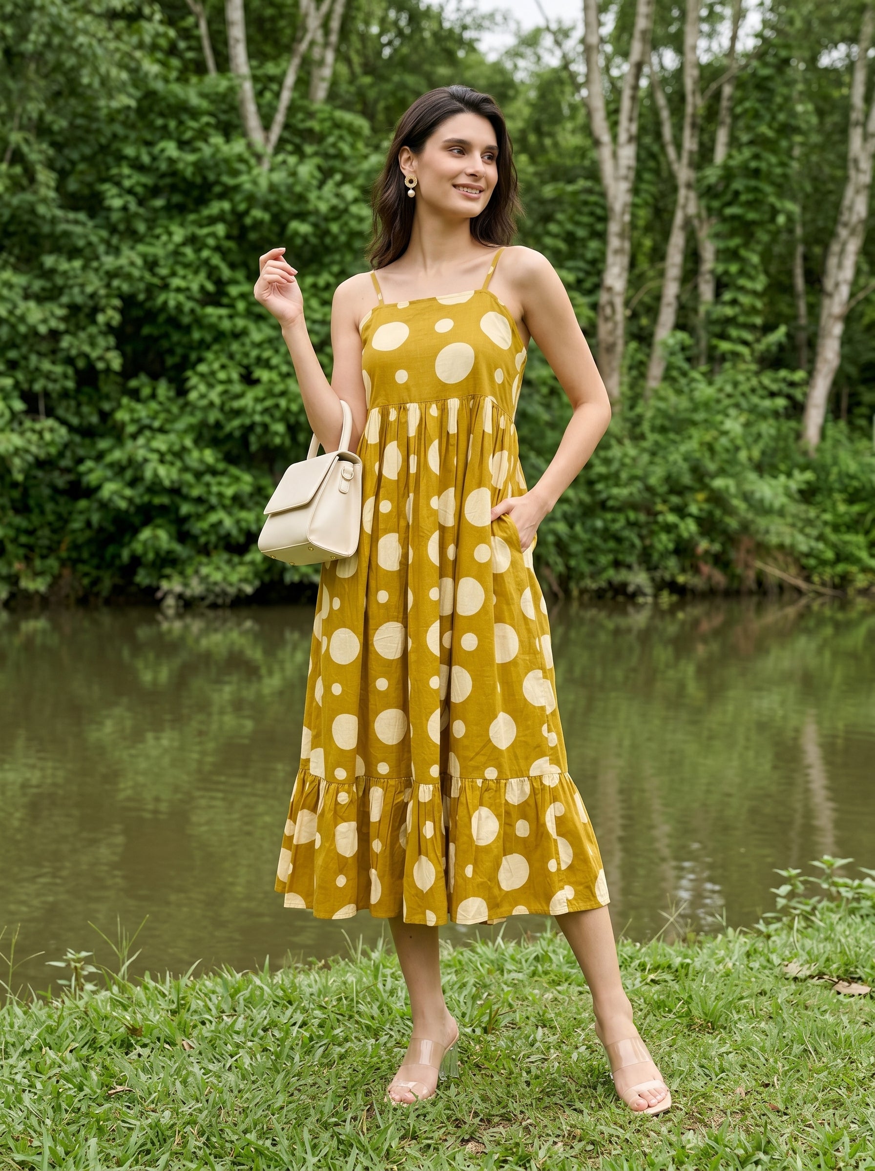 Yellow Off Shoulder Polka Dots Flared Dress For Women