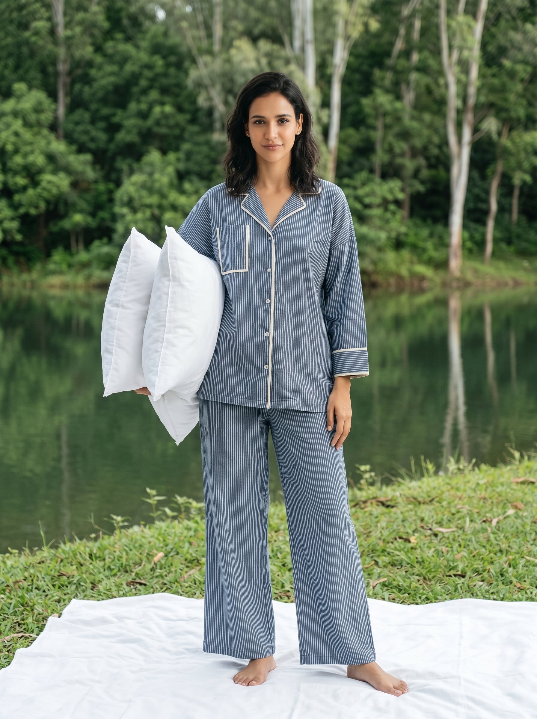 Blue Stripes Shirt Collar Pure Cotton Night Suit Set For Women