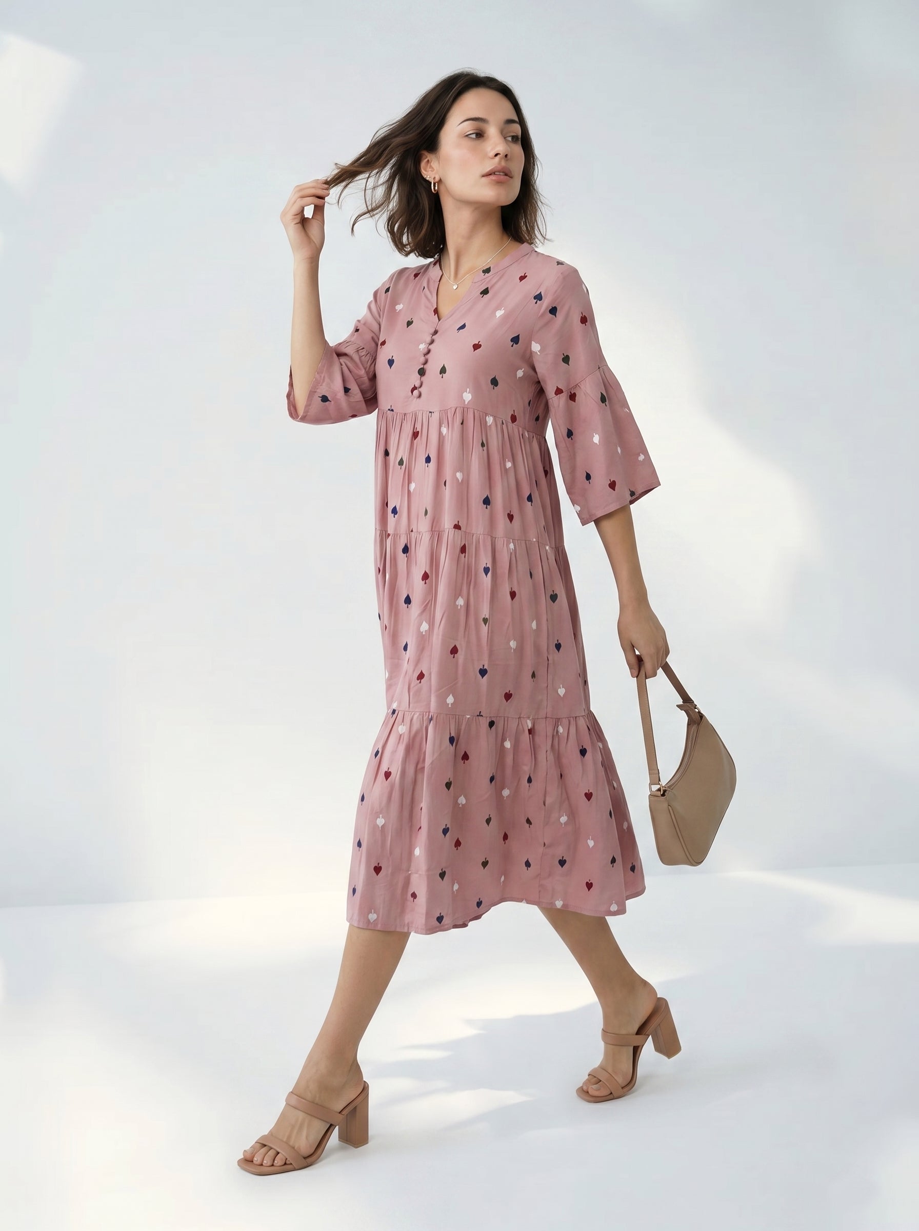 Mauve Round Neck Geometric Print Flared Dress For Women