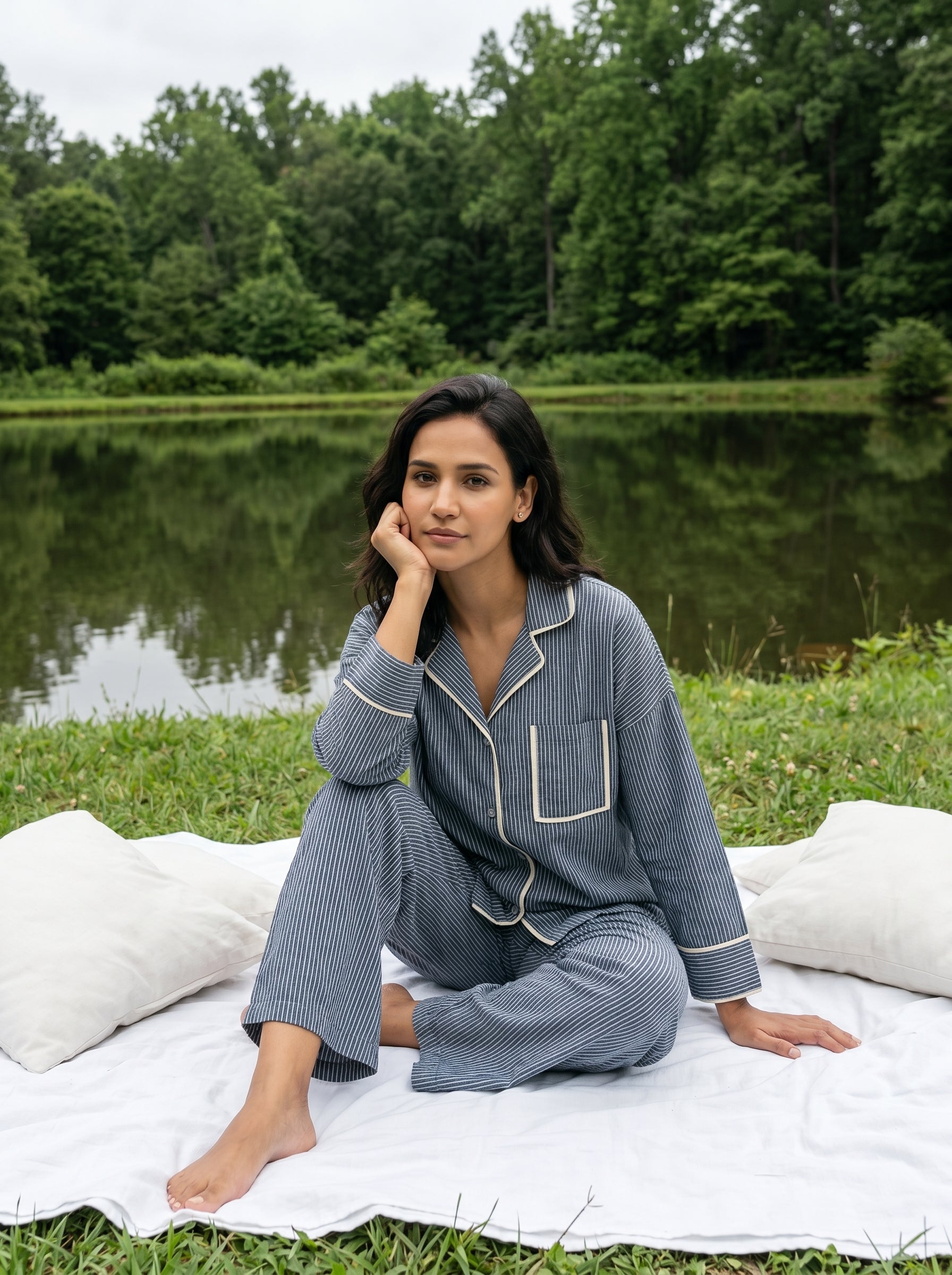 Blue Stripes Shirt Collar Pure Cotton Night Suit Set For Women