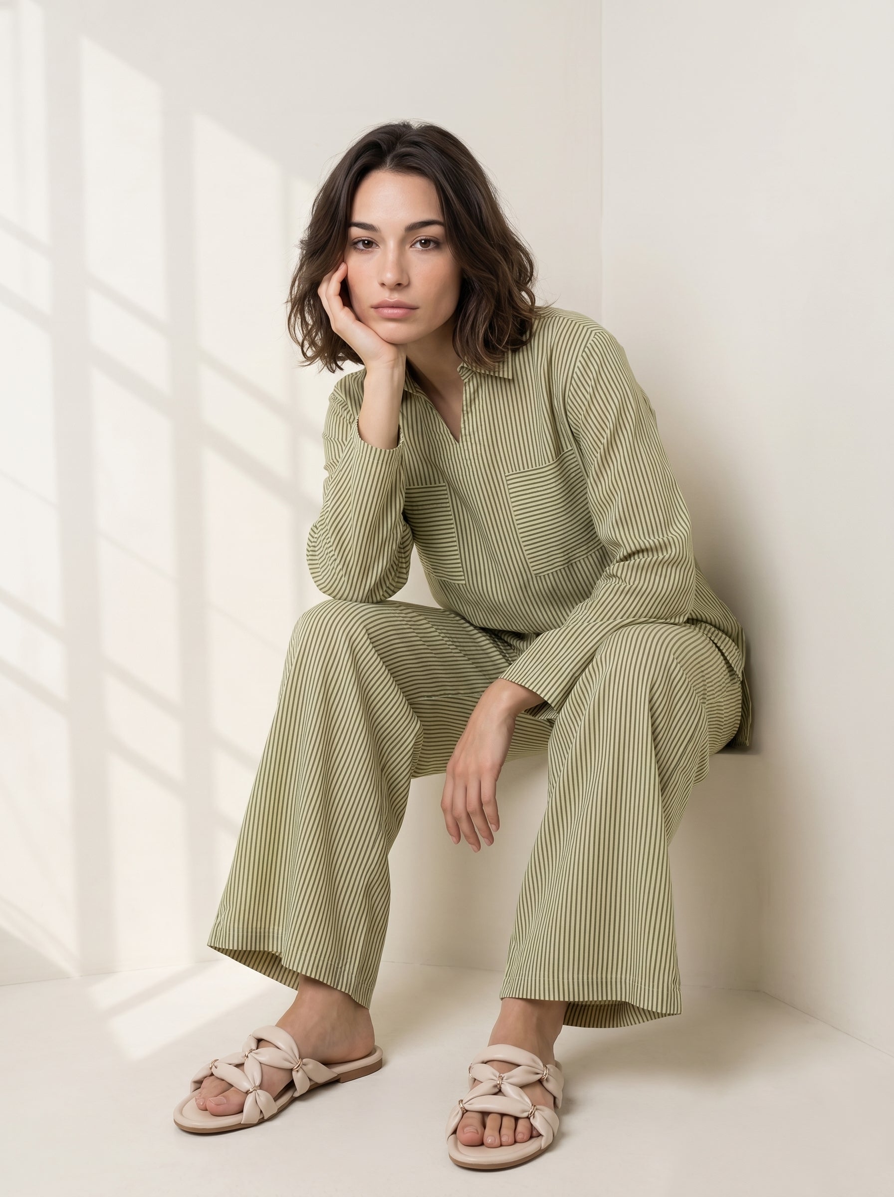 Green Shirt Collar Stripe Print Pure Cotton Night Suit For Women