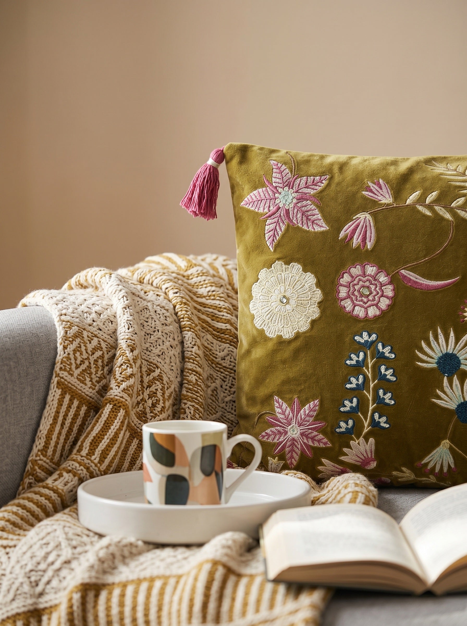 Green Velvet Square Floral Embroidered Cushion Cover With Tassels