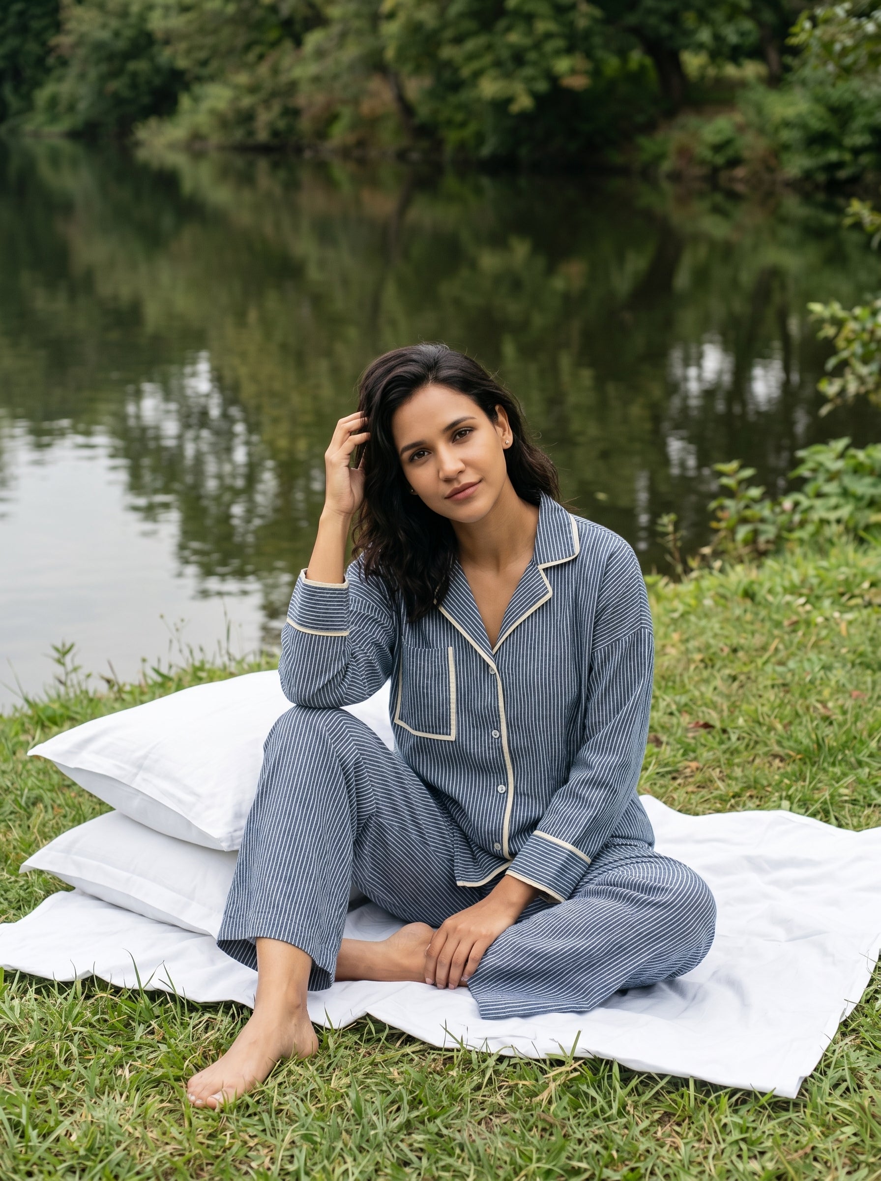 Blue Stripes Shirt Collar Pure Cotton Night Suit Set For Women