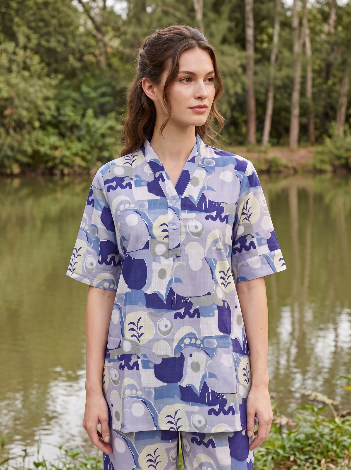 Multi Abstract Print V-Neck Pure Cotton Night Suit For Women