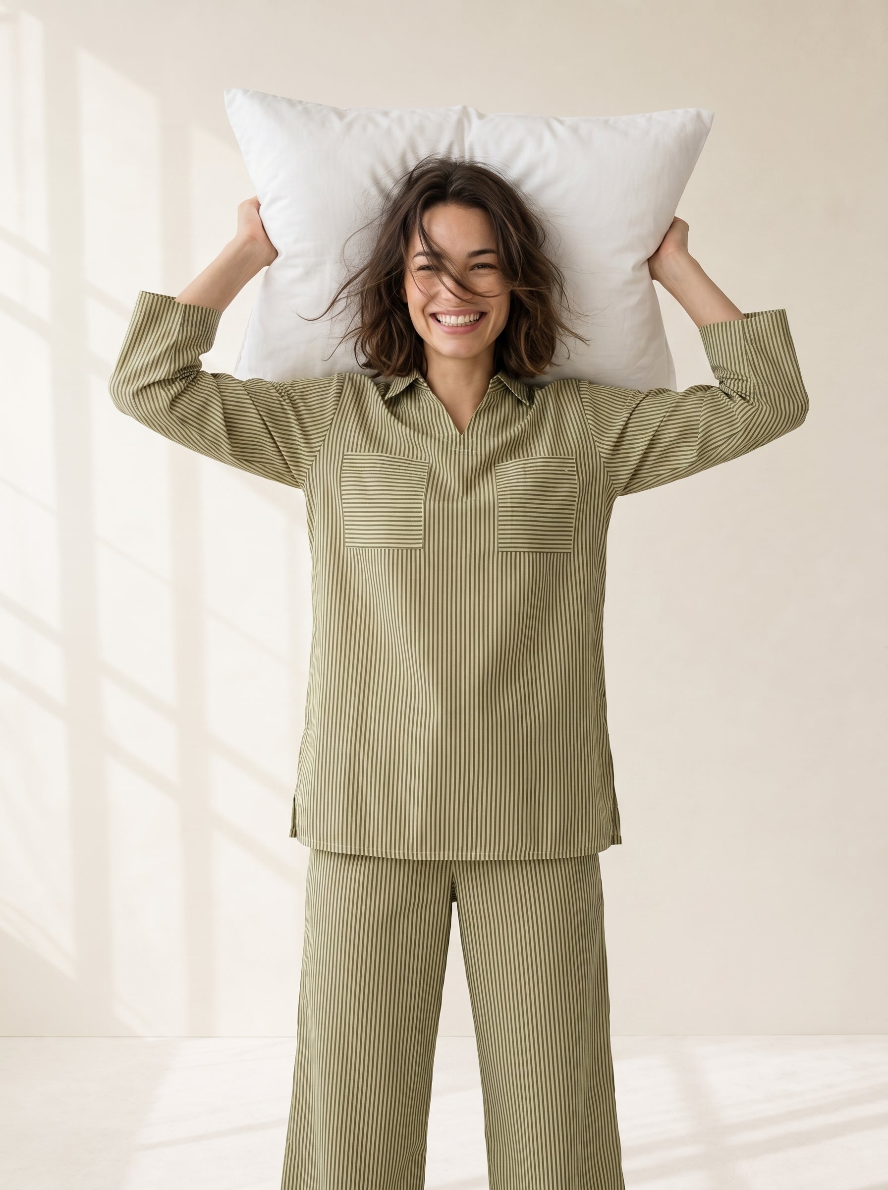Green Shirt Collar Stripe Print Pure Cotton Night Suit For Women