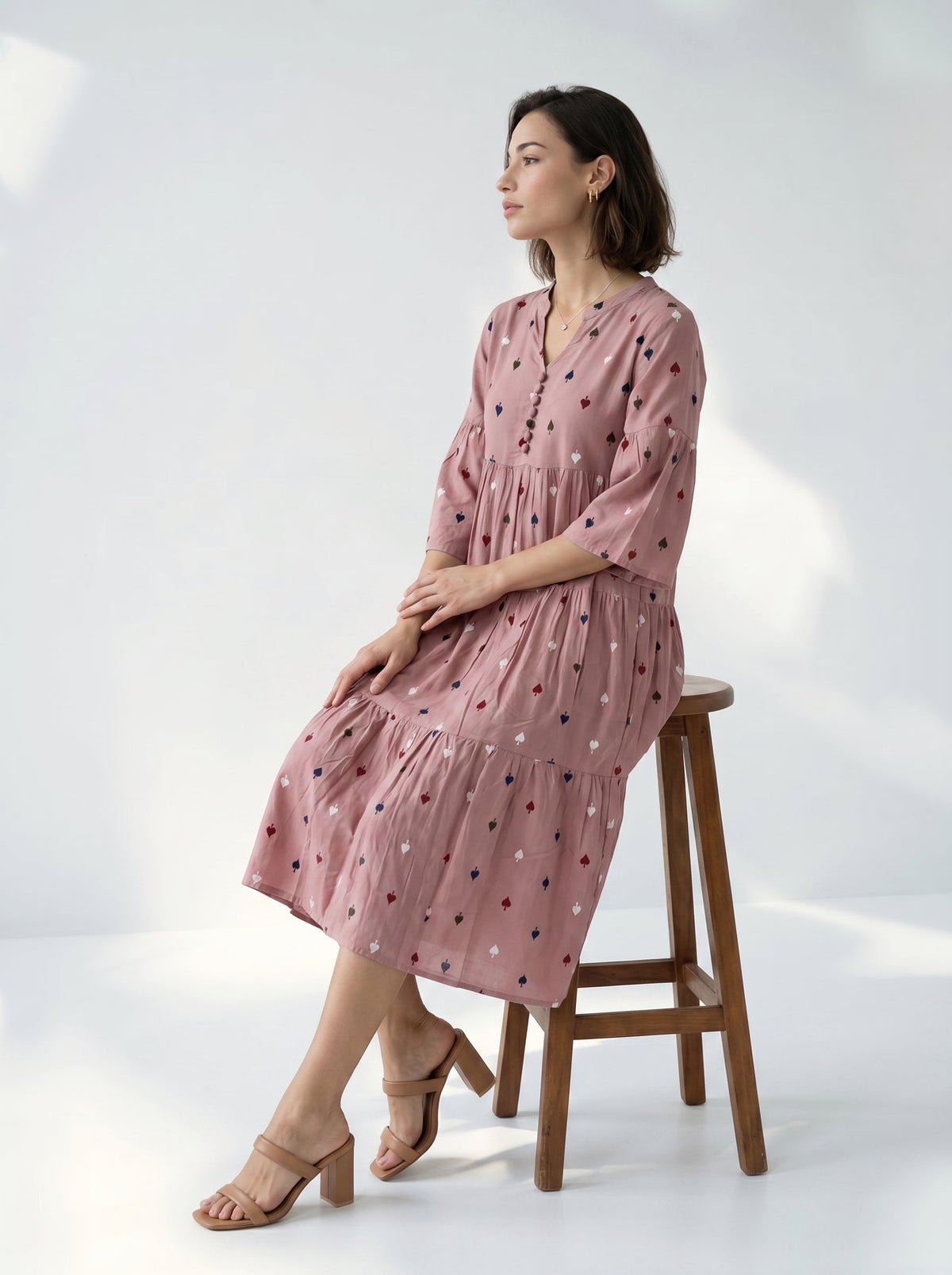 Mauve Round Neck Geometric Print Flared Dress For Women