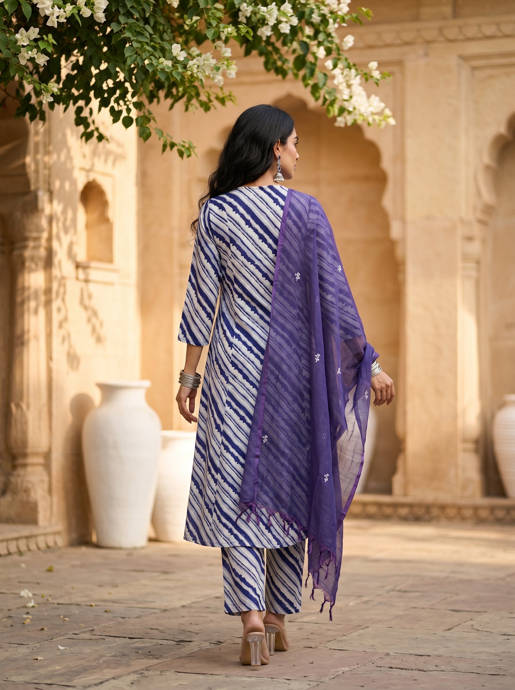 White Leheriya V-Neck Flared Pure Cotton Kurta Set For Women