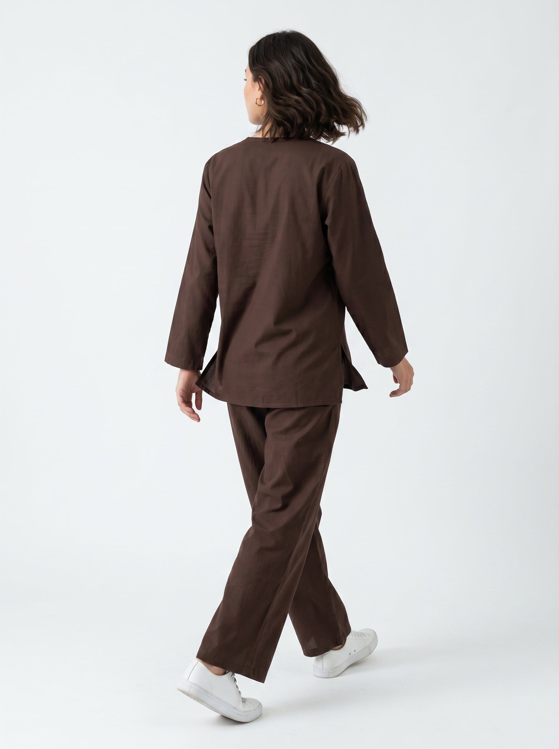 Brown Embroidered Shirt Collar Pure Cotton Co-Ord Set For Women
