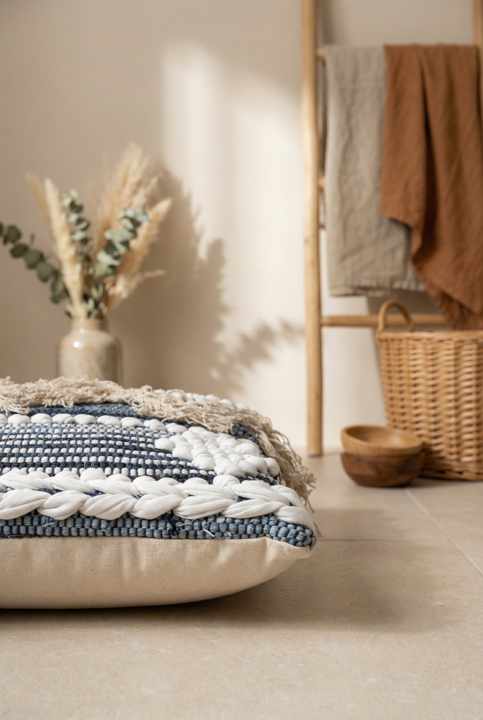 Blue Embroidered Square Tufted Boho Cushion Cover