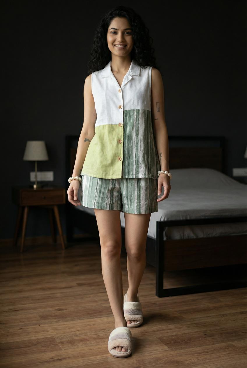 Green Pure Cotton V-Neck Co-Ords Set For Women