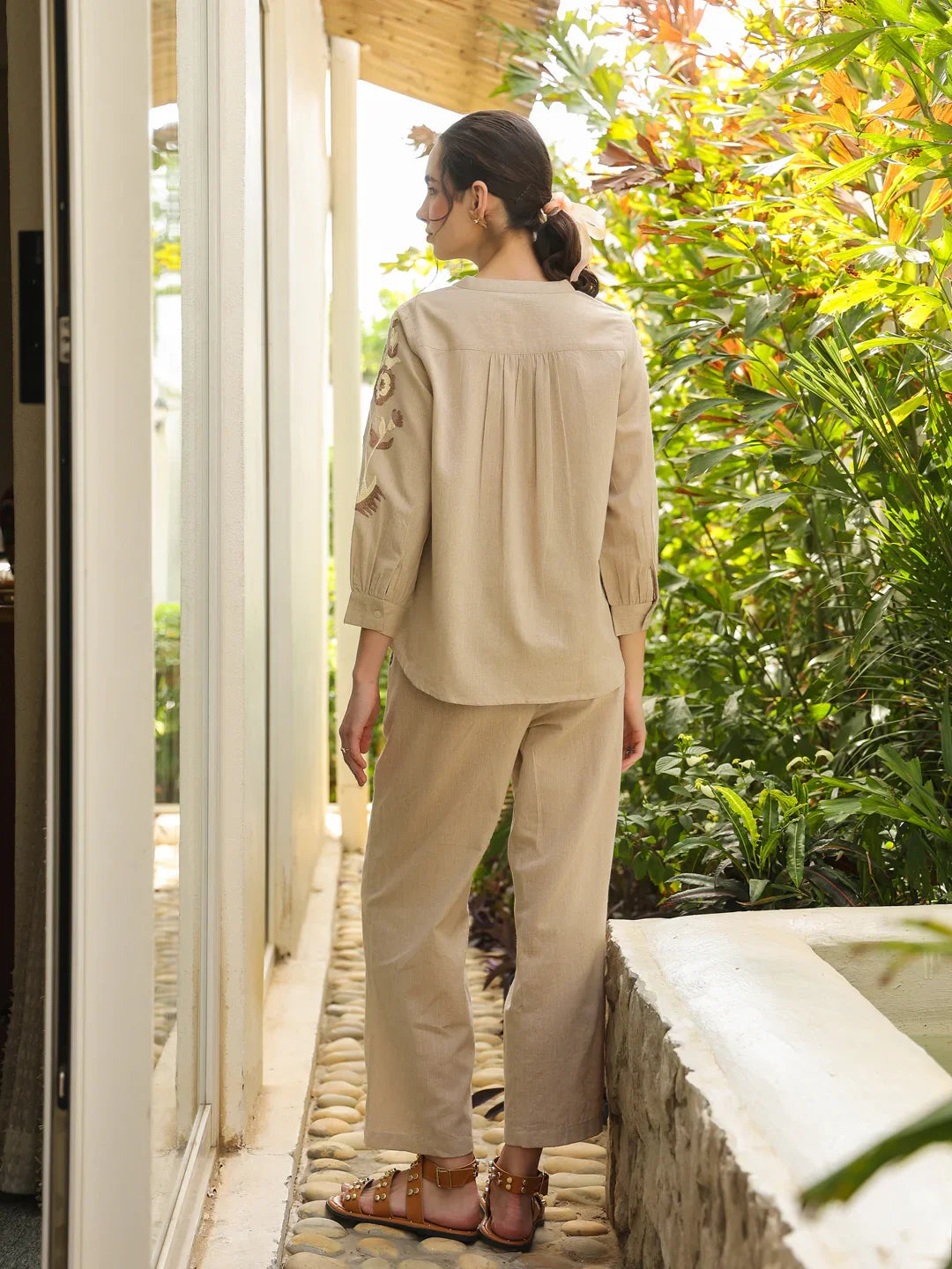 Cream Mandarin Collar Pure Cotton Solid Top Co-ords Set for Women - SanskrutiHomes