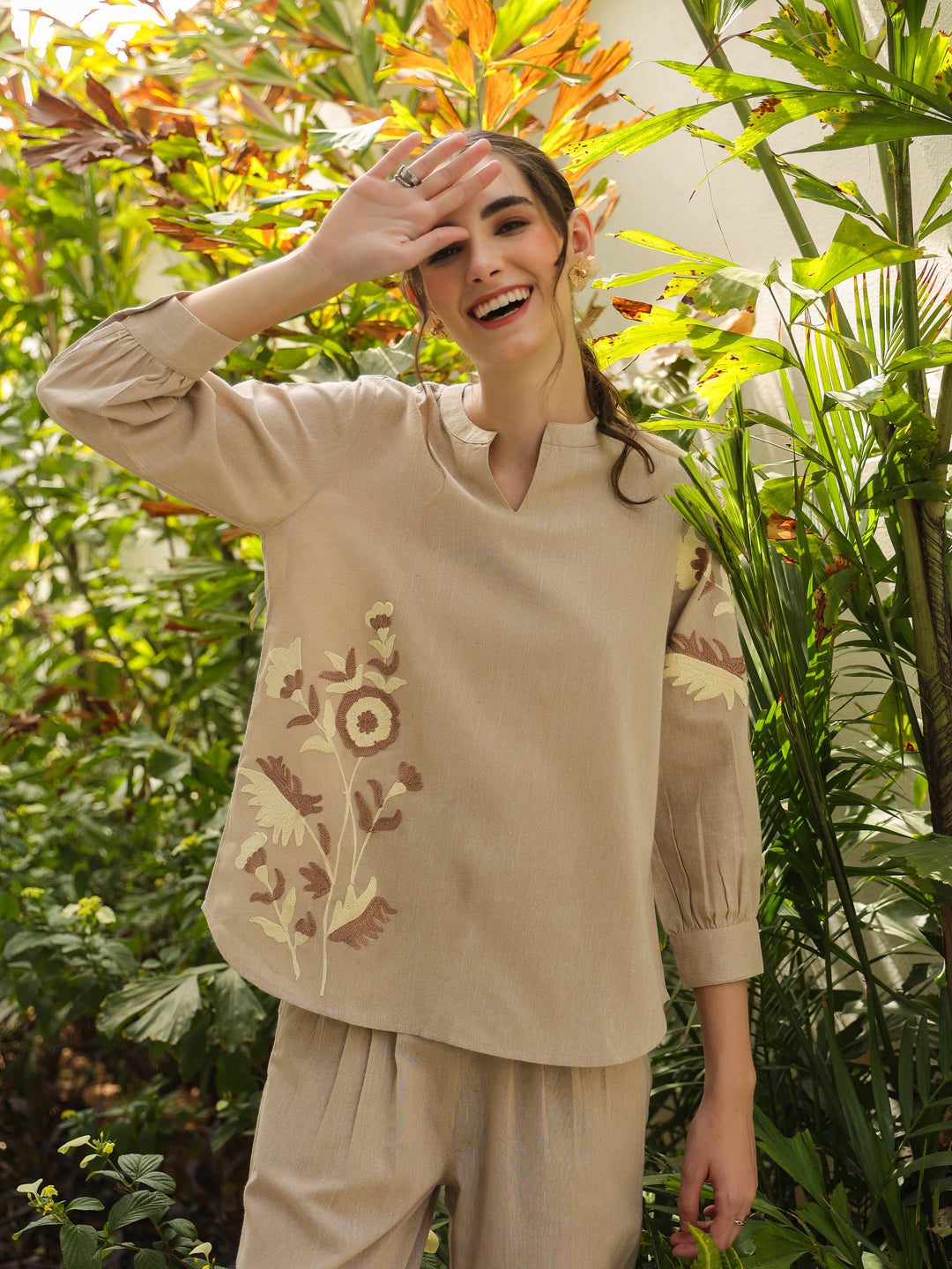 Cream Mandarin Collar Pure Cotton Solid Top Co-ords Set for Women