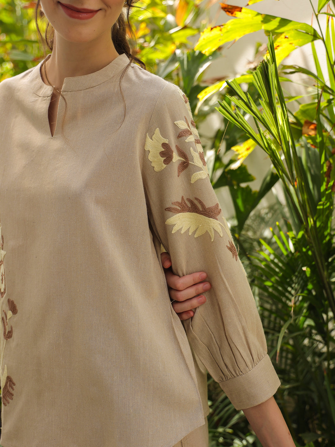 Cream Mandarin Collar Pure Cotton Solid Top Co-ords Set for Women
