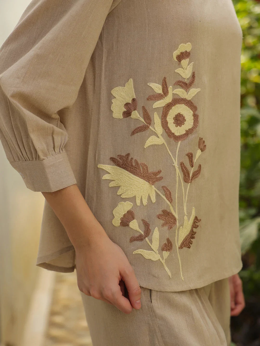 Cream Mandarin Collar Pure Cotton Solid Top Co-ords Set for Women - SanskrutiHomes