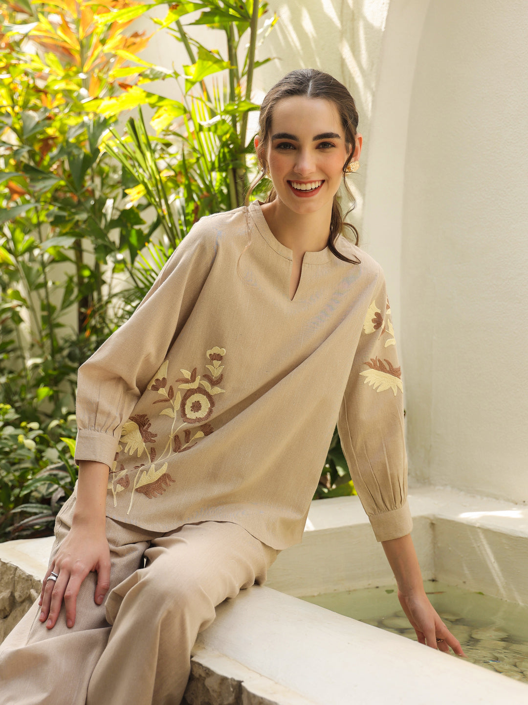 Cream Mandarin Collar Pure Cotton Solid Top Co-ords Set for Women