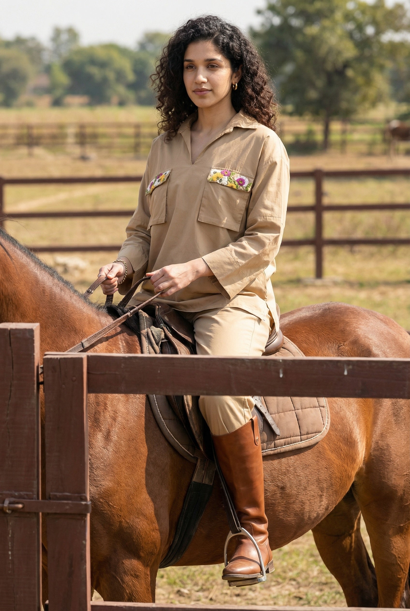 Cream Shirt Collar Polyester Co-Ord Set For Women