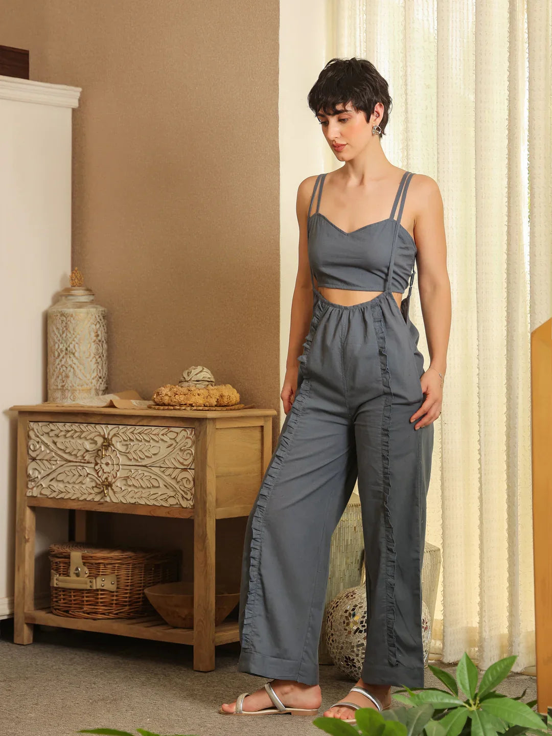 Blue V-Neck Pure Cotton Solid Top Co-ords Set for Women - SanskrutiHomes