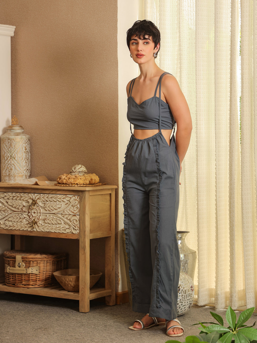 Blue V-Neck Pure Cotton Solid Top Co-ords Set for Women