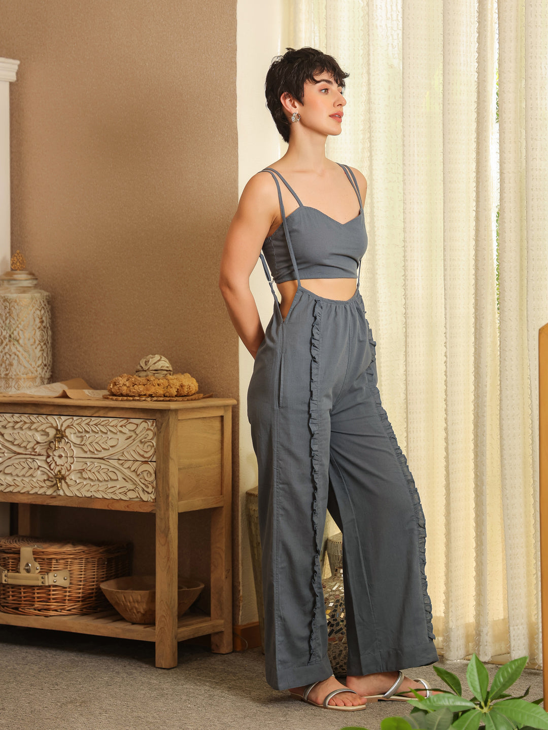 Blue V-Neck Pure Cotton Solid Top Co-ords Set for Women